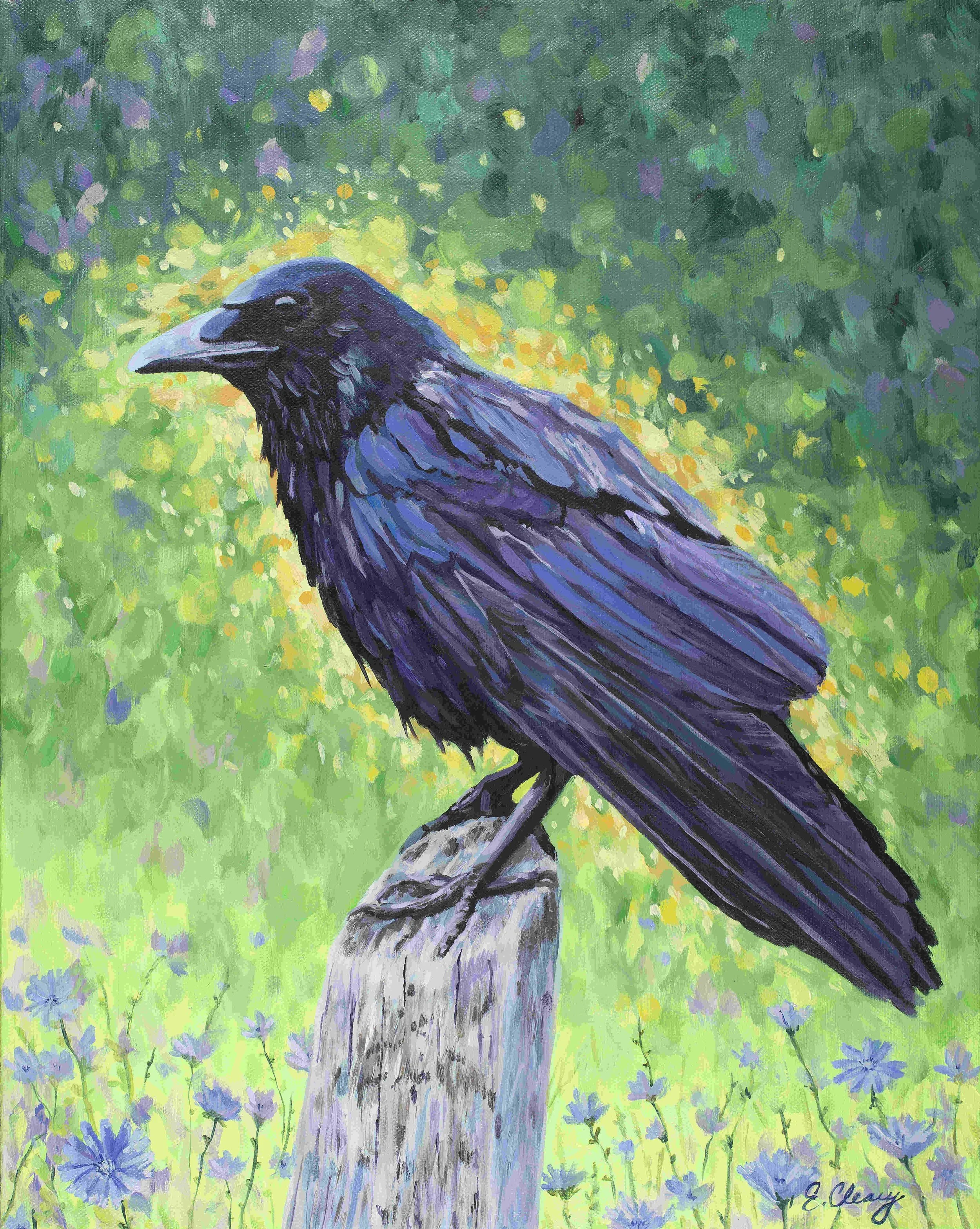 19. 'Crow with Chicory', Acrylic on Canvas by Elizabeth Cleary