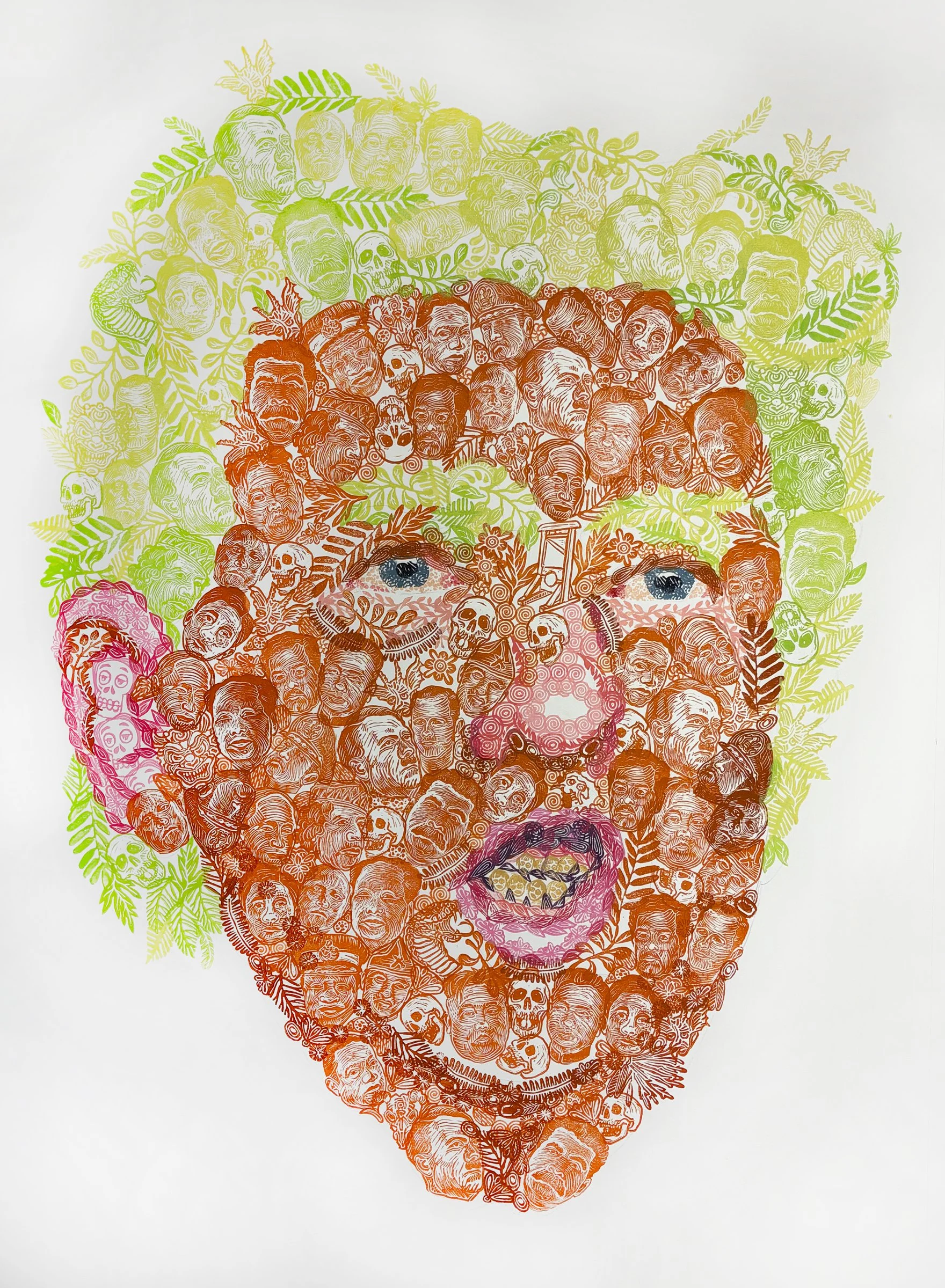 137. 'Kim Jong Un, Joseph Stalin, Adolf Hitler, Mao...', hand-carved rubberstamping on paper by Teresa Celemin