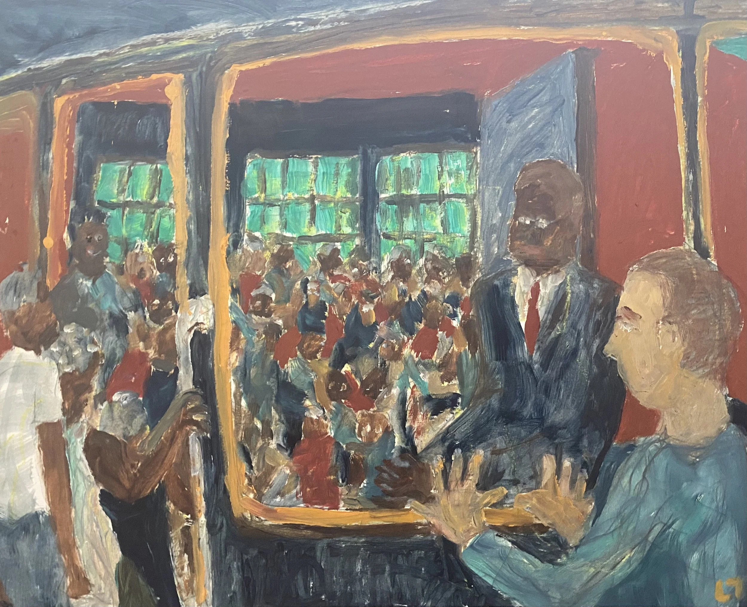 93. 'Bus stop / 1947 remembered', Oil on paper by Leonard Duffy