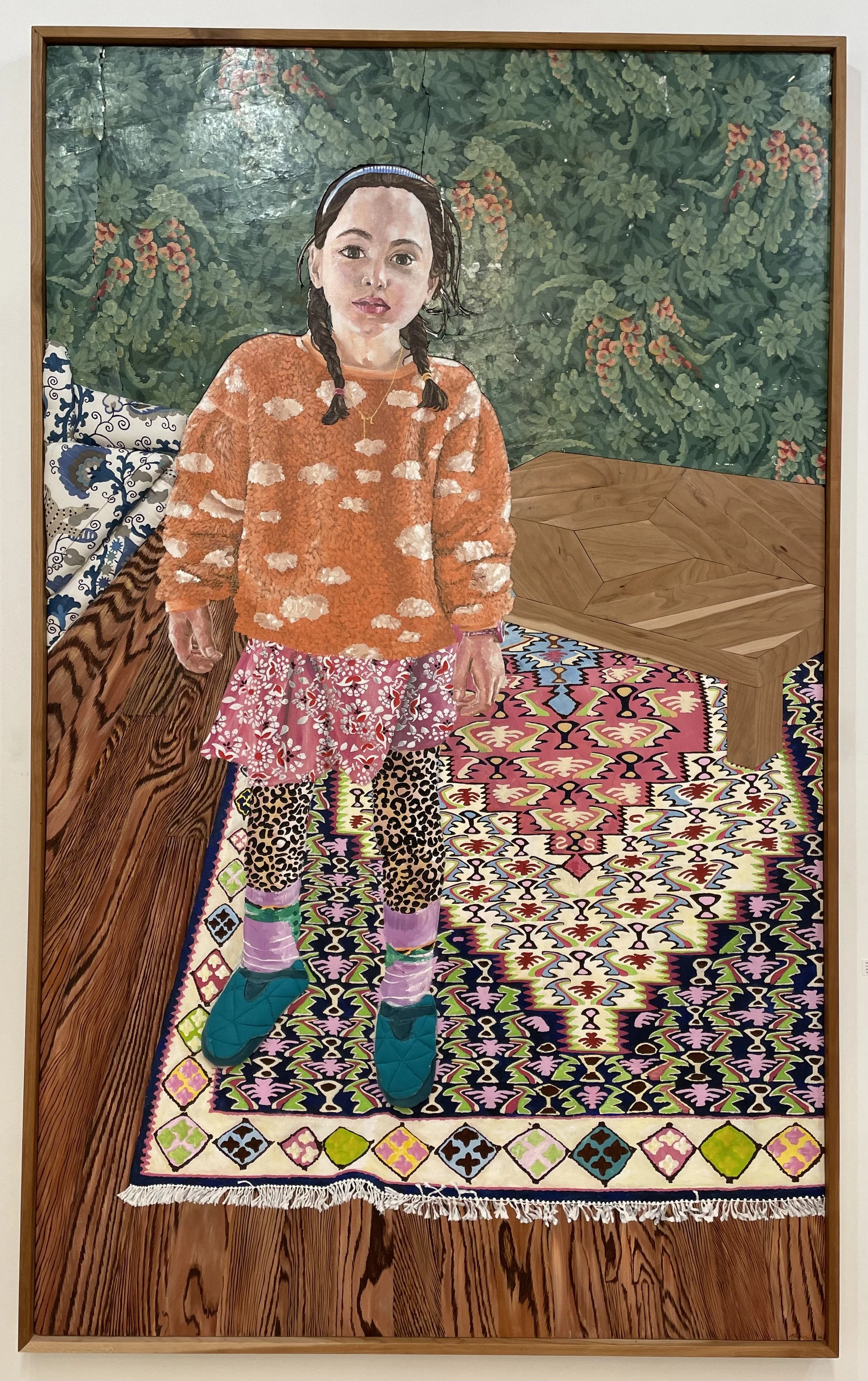66. 'Louie the Leg", Acrylic, vintage flooring, wood and fabric on canvas by Linsey Brunner