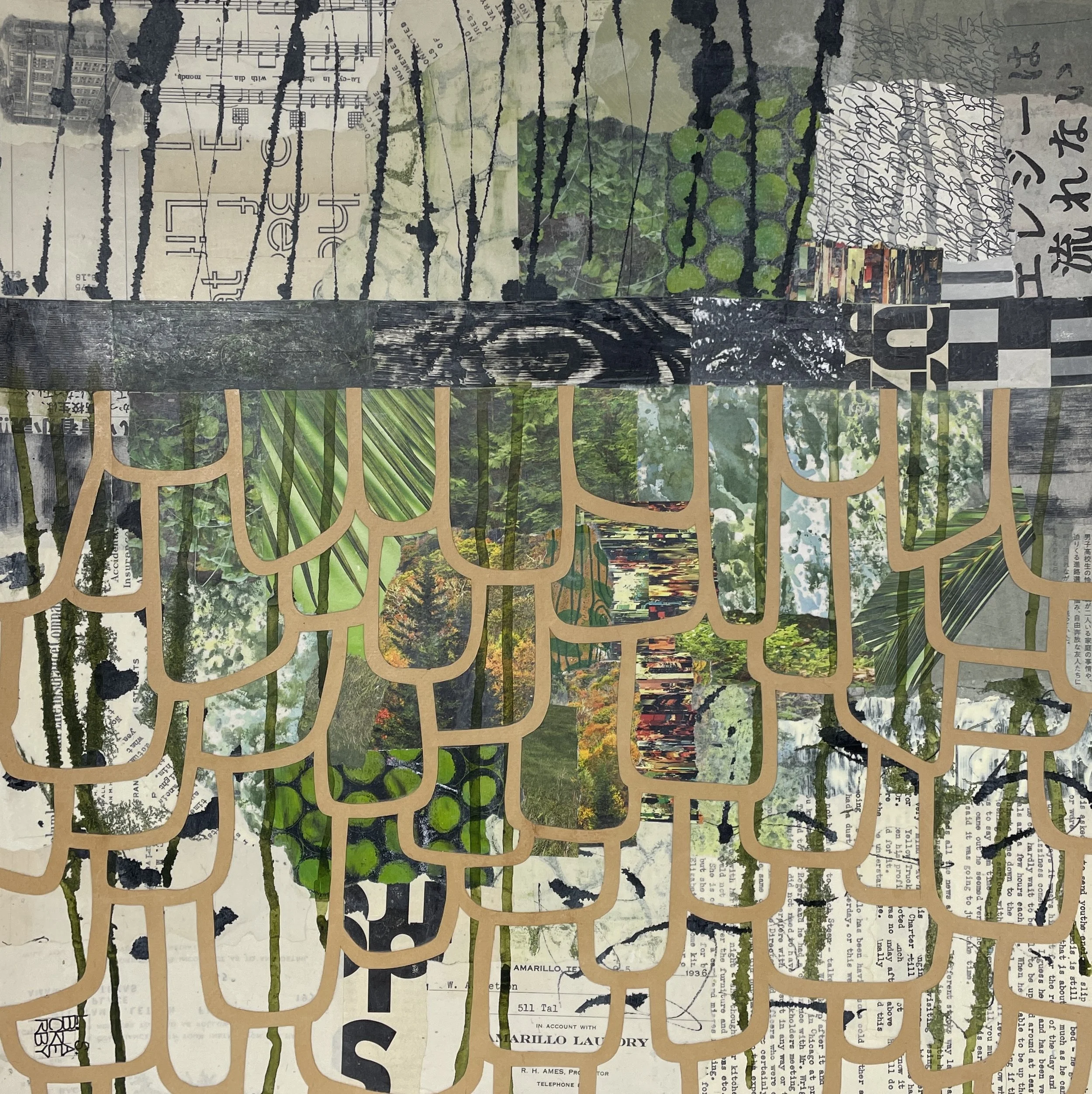 122. 'Verdant Pastures', collage, mixed media by Linda Blackerby