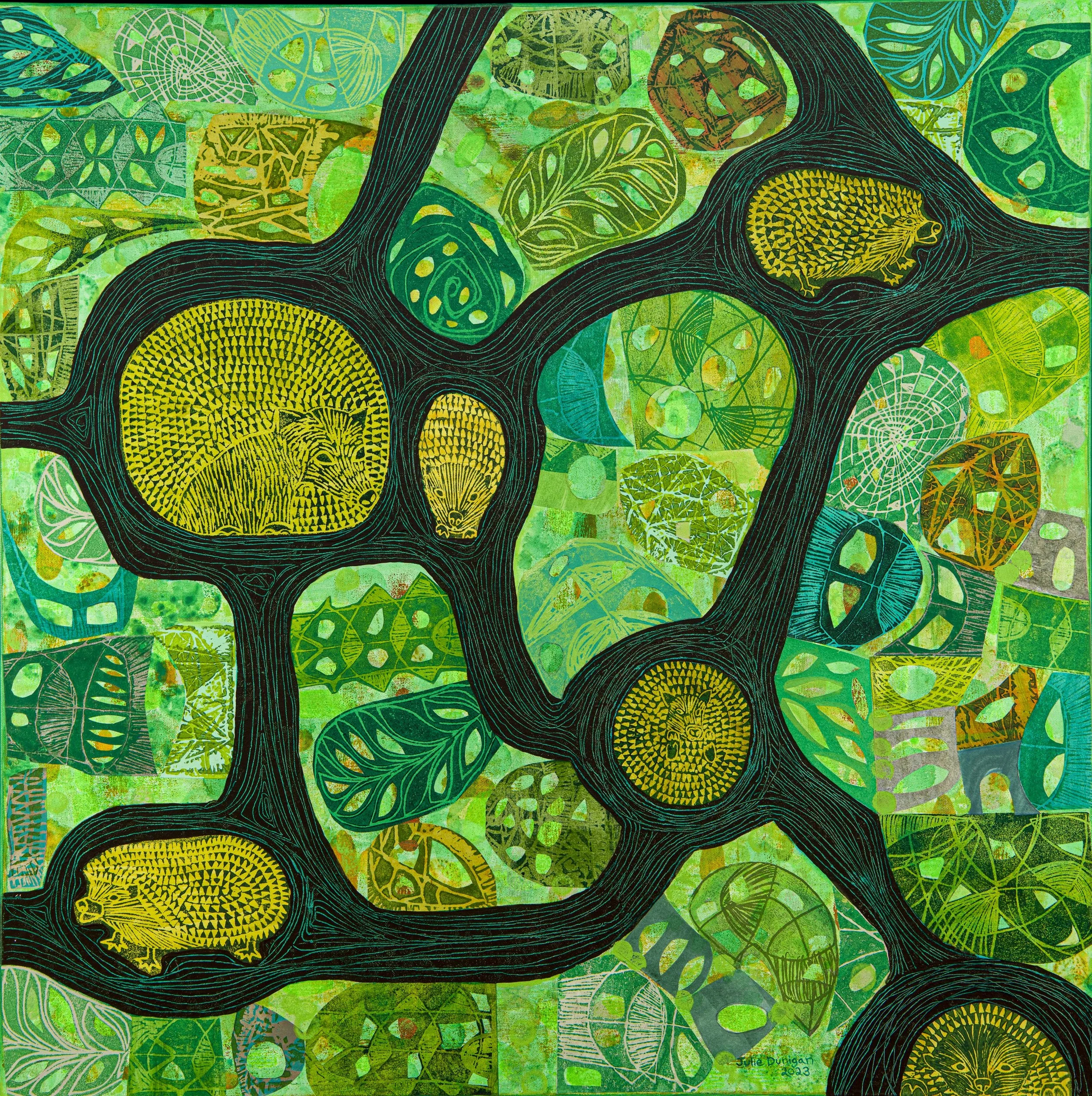 117. 'Hedge Hog Lodge', Collage-acrylic relief print and painting by Julie Dunigan