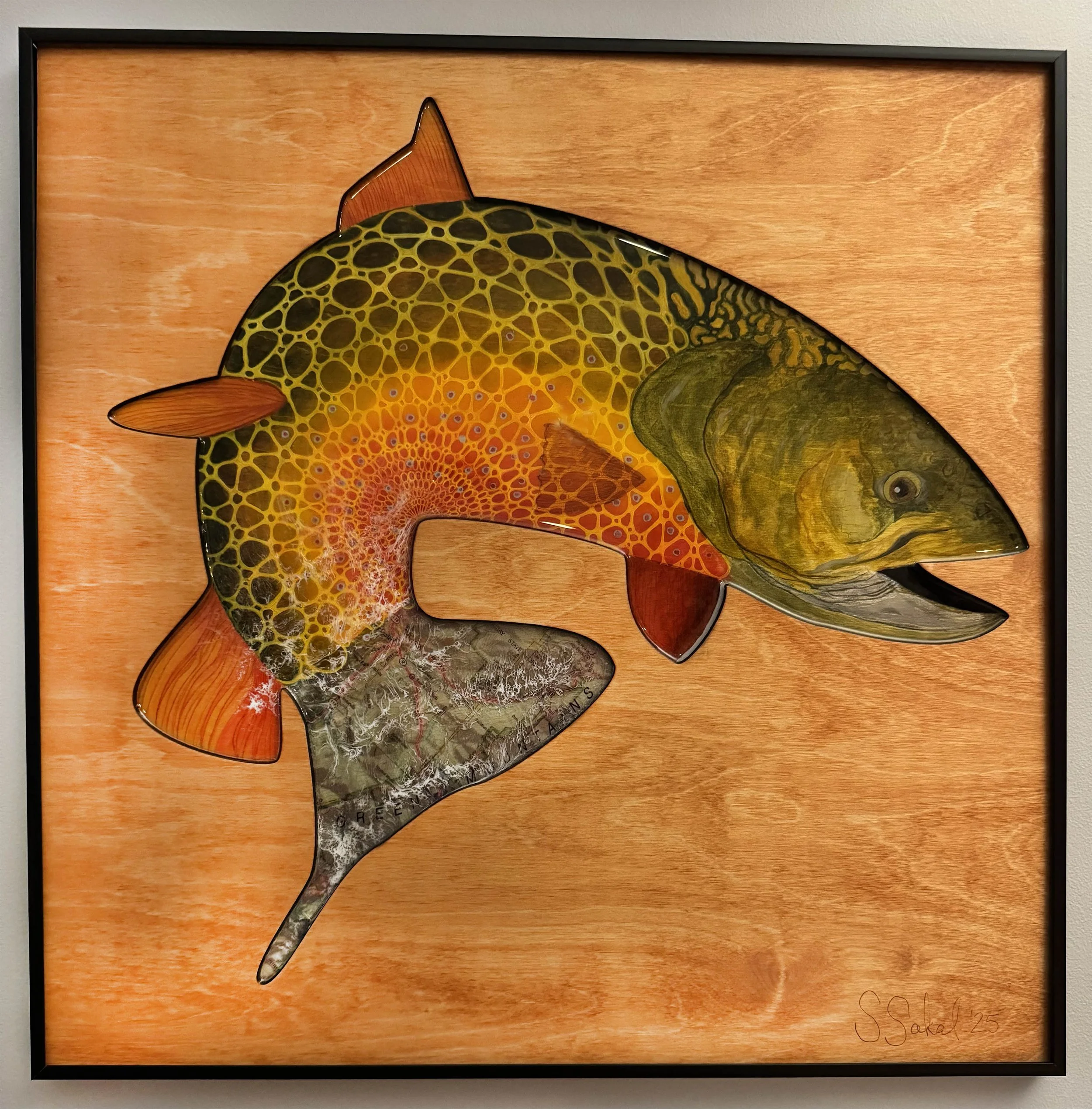 43. 'Green Mountain Brook Trout', wood, acrylic, resin, topographical chart by Susannah Sakal