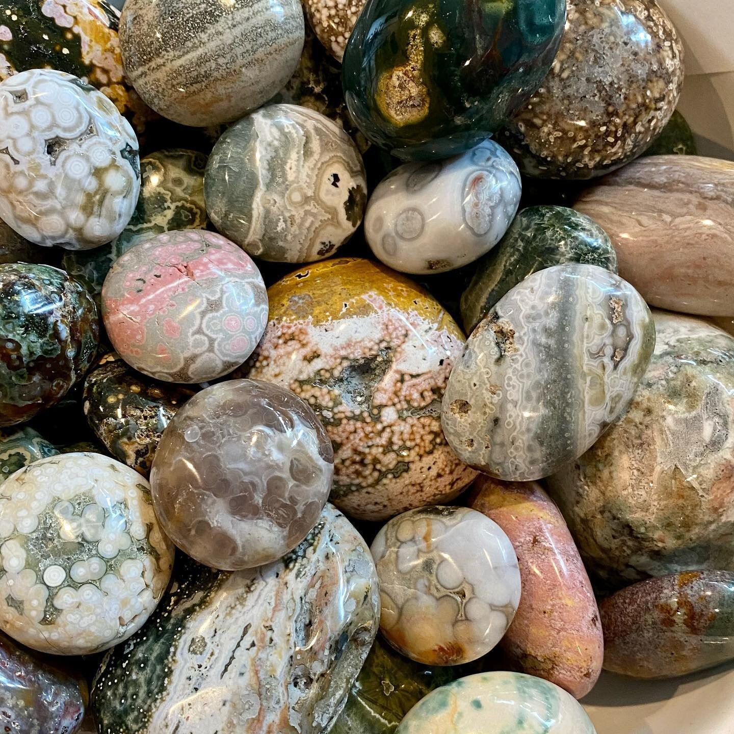 Ocean Jasper a stone of joy! All jaspers are calming and help to destress. Maybe now you know you need one! 
.
.
The variety is amazing. It is one of our favorites in the shop! 
.
.
We are open until 4 today. Thursday 12-4 and Saturday 10am -1pm. 
.
