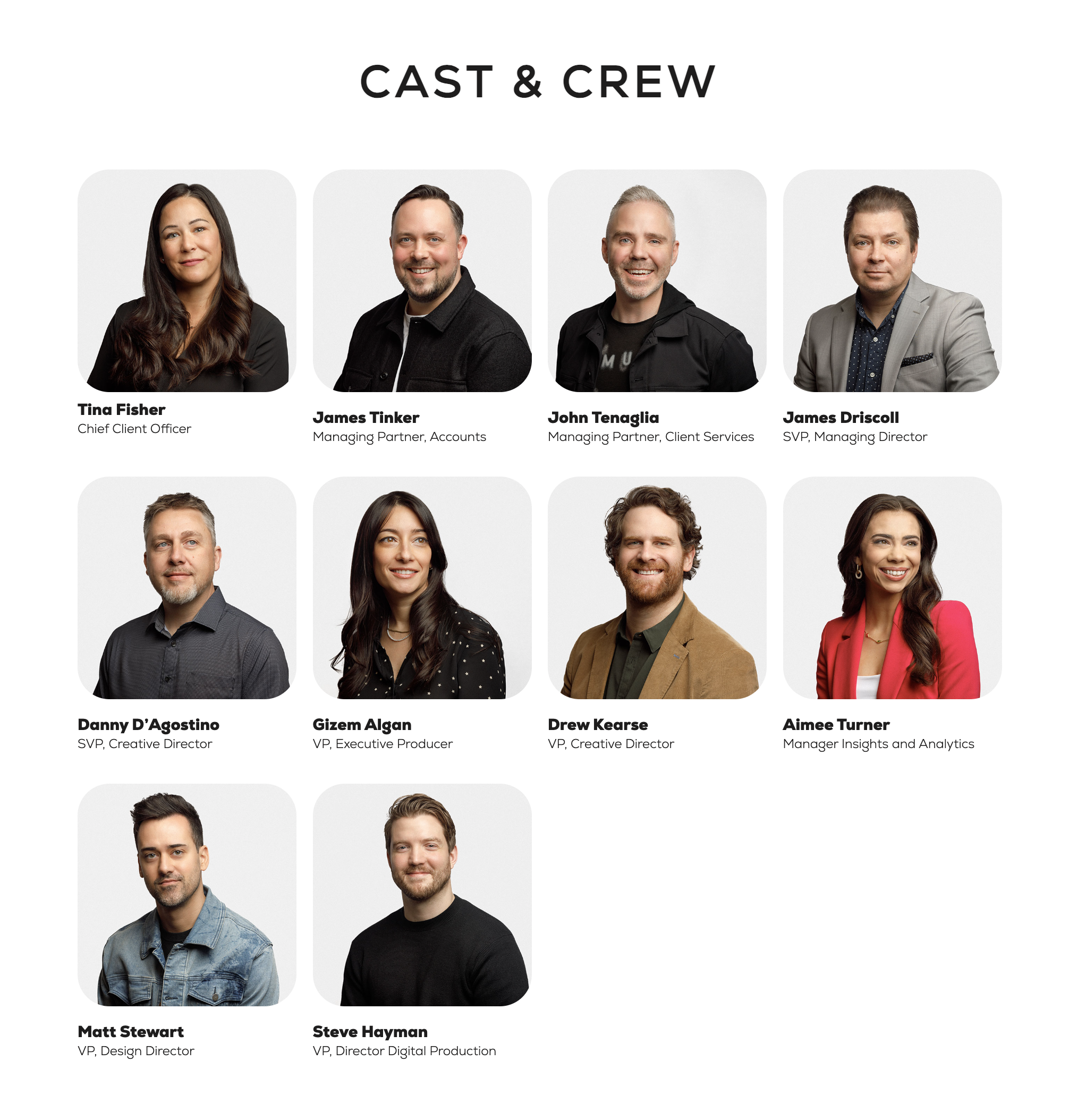 Photographs of eleven team members organized in a grid, with their names and titles beneath each photo. The header says 'CAST & CREW'.