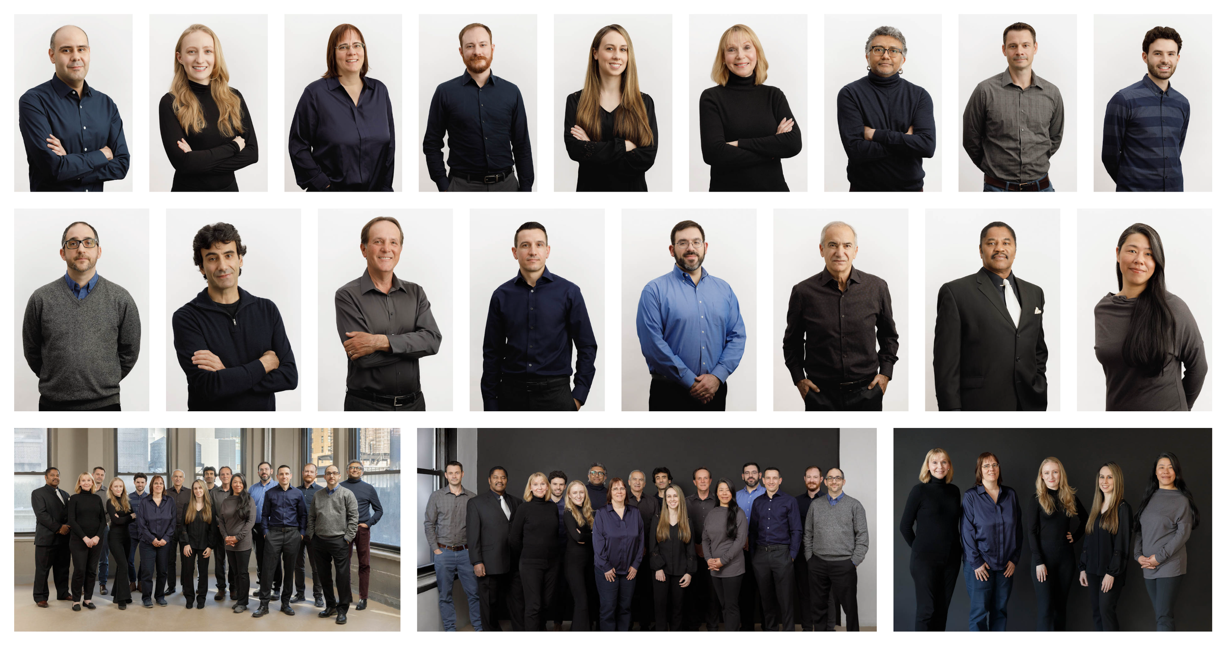 A collage of three group photos of diverse professional people posing indoors against plain backgrounds and in an office setting.