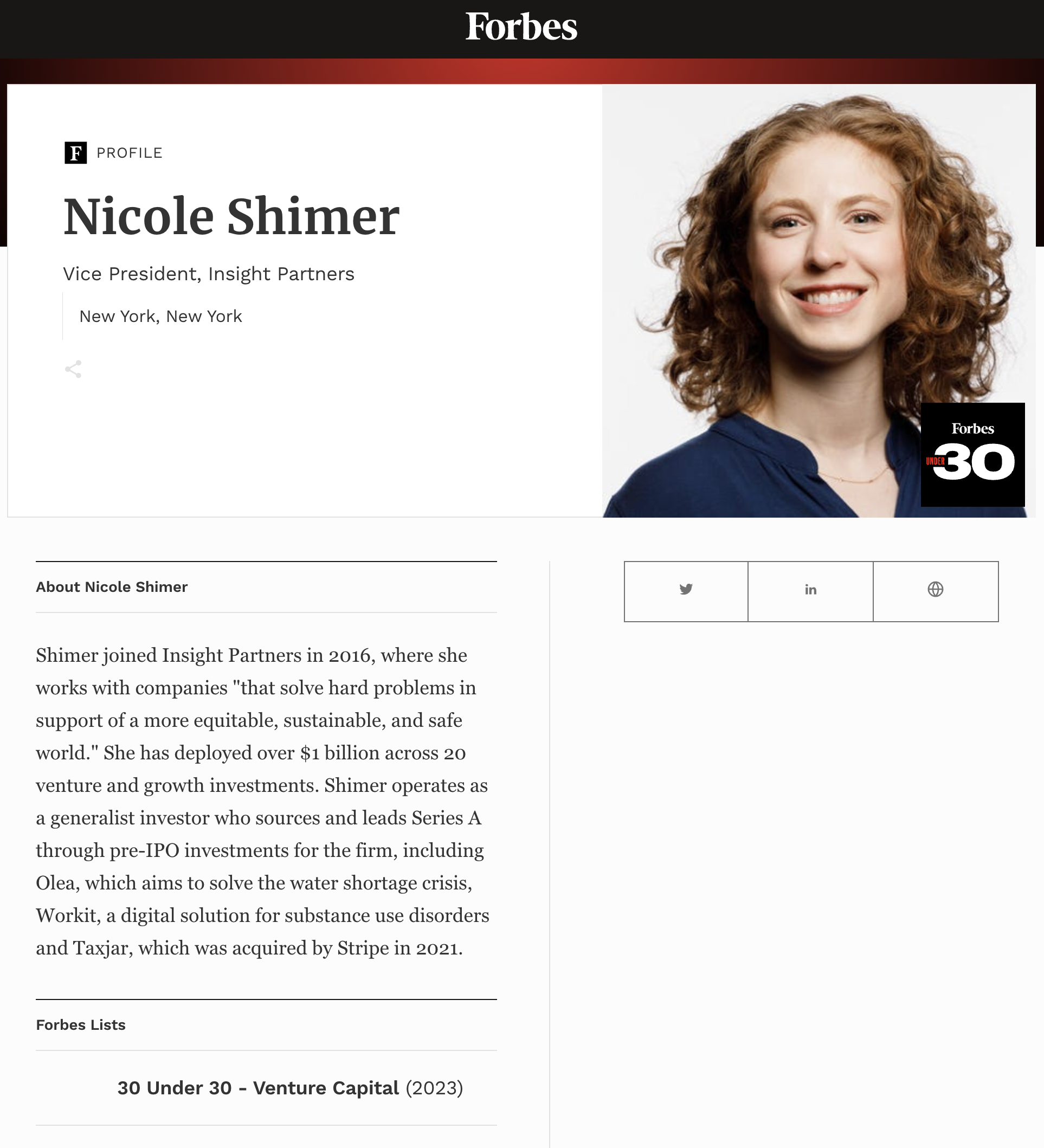 Forbes profile page of Nicole Shimer, a red-haired woman smiling, with her photo on the right and her name, title, and biography on the left, and a small Forbes Under 30 logo at the bottom right of the photo.