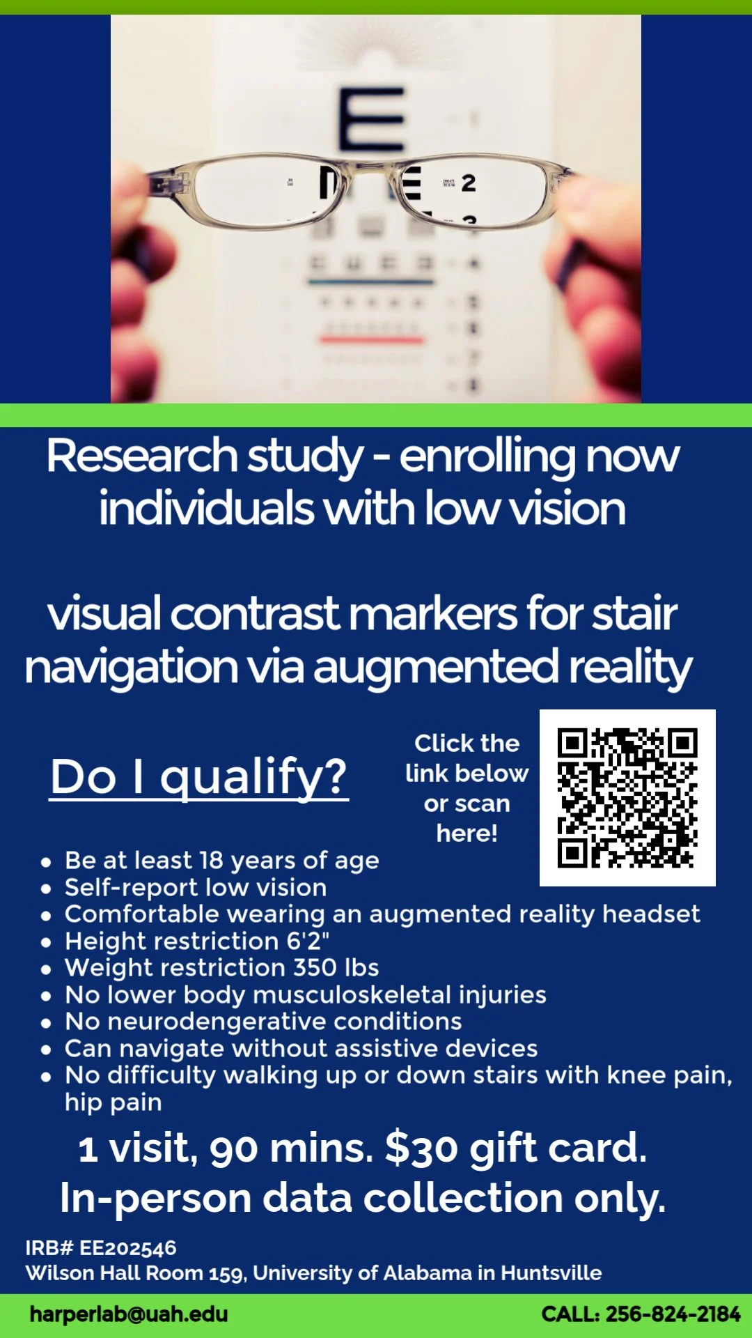 Screening survey for older adults: https://uah.co1.qualtrics.com/jfe/form/SV_50Cm2p7jxgp6tAW,
Screening survey for individuals with low vision: https://uah.co1.qualtrics.com/jfe/form/SV_3sj0fntohjnZxrg