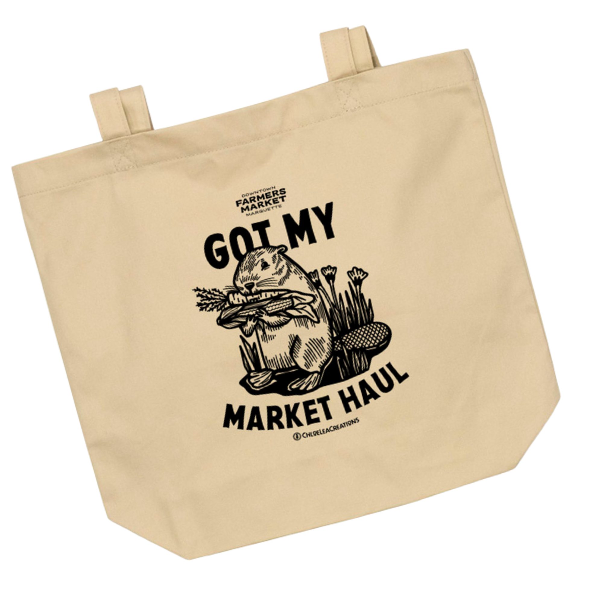 Downtown Marquette Farmers Market bag with beaver holding his market bag