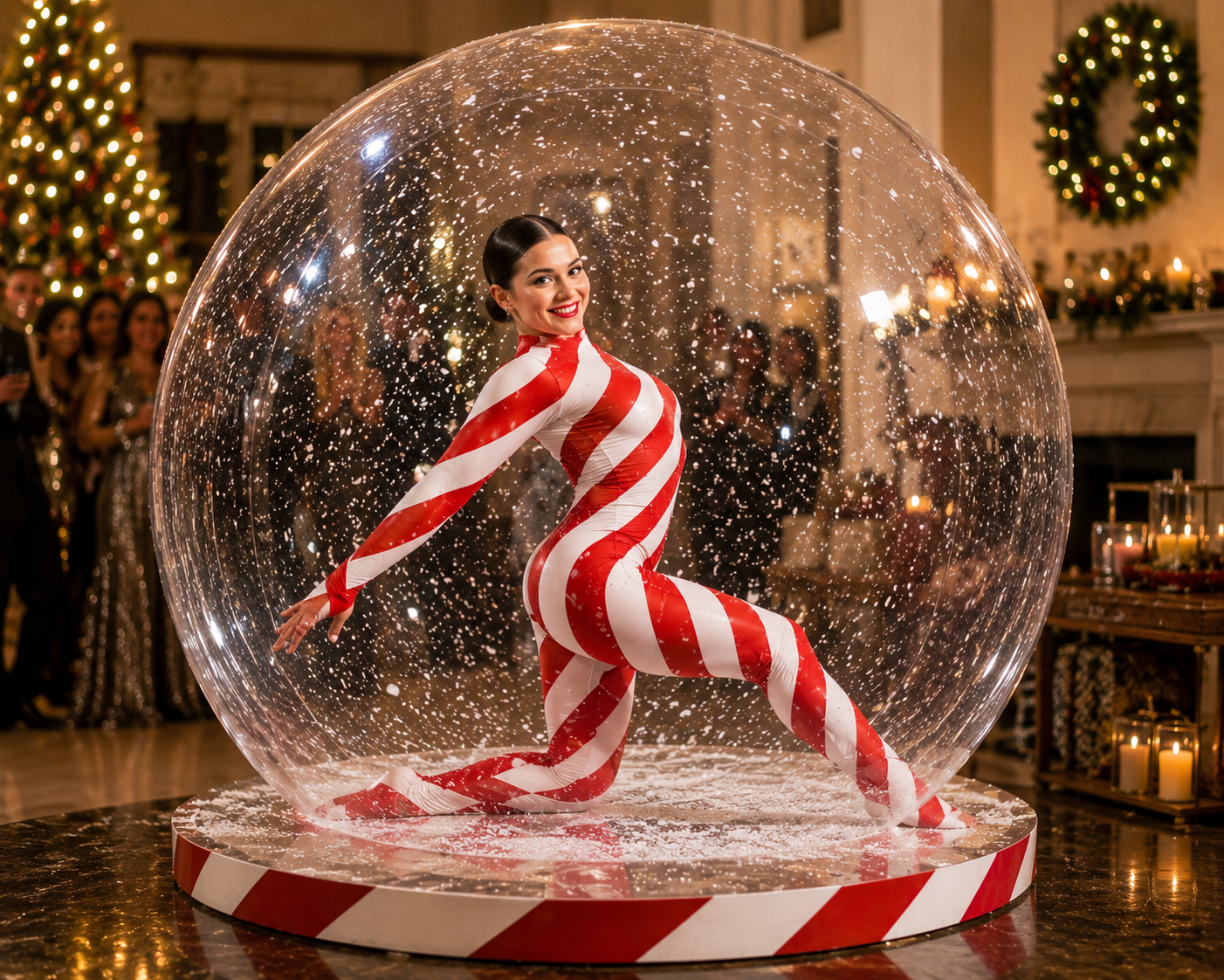 Candy cane themed specialty performer contortionist inside a giant snow globe for holiday event entertainment.