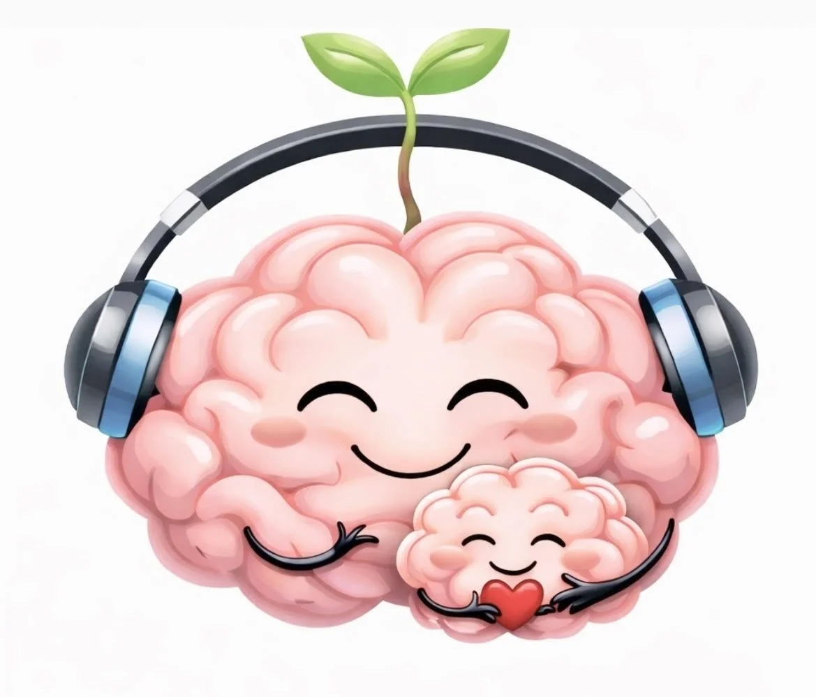 A cartoon illustration of a happy brain with a sprout on top, wearing headphones, and holding a smaller brain with a heart, symbolizing love and mental health.