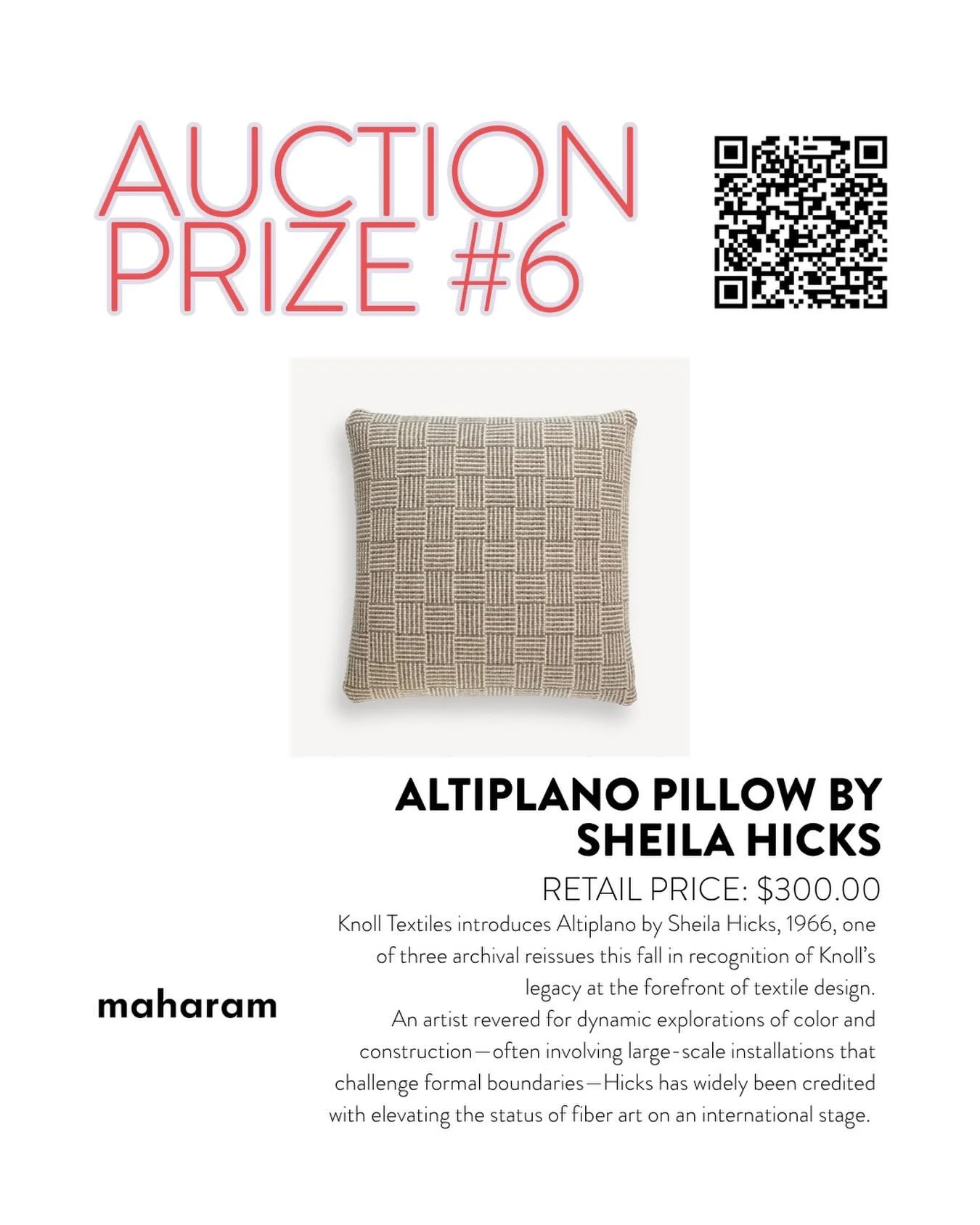 Donated by @maharamstudio - Altiplano Pillow 

Knoll Textiles introduces Altiplano by Sheila Hicks, 1966, one of three archival reissues this fall in recognition of Knoll&rsquo;s legacy at the forefront of textile design.

An artist revered for dynam