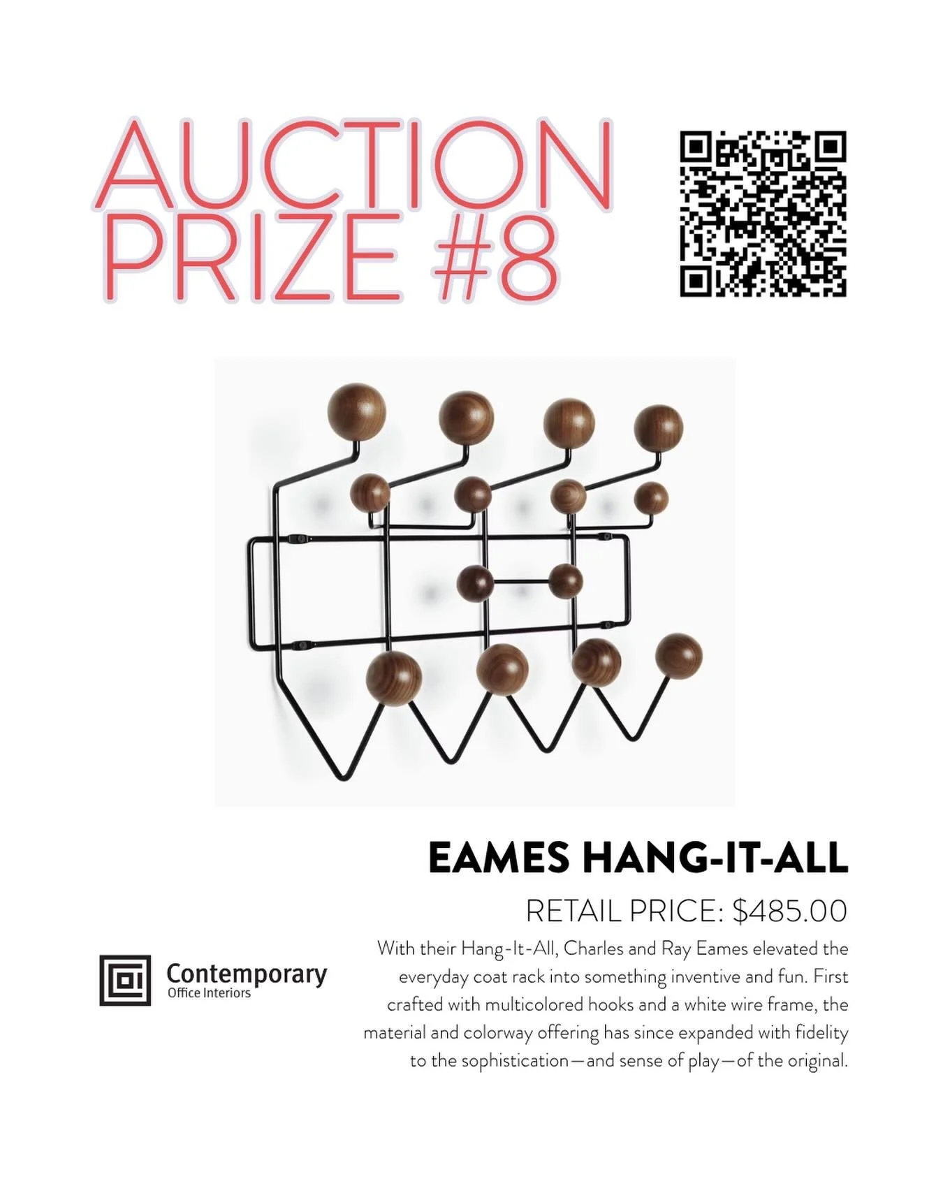 Donated by @coi_calgary - Eames Hang-It-All

With their Hang-It-All, Charles and Ray Eames elevated the everyday coat rack into something inventive and fun. First crafted with multicoloured hooks and a white wire frame, the material and colourway off