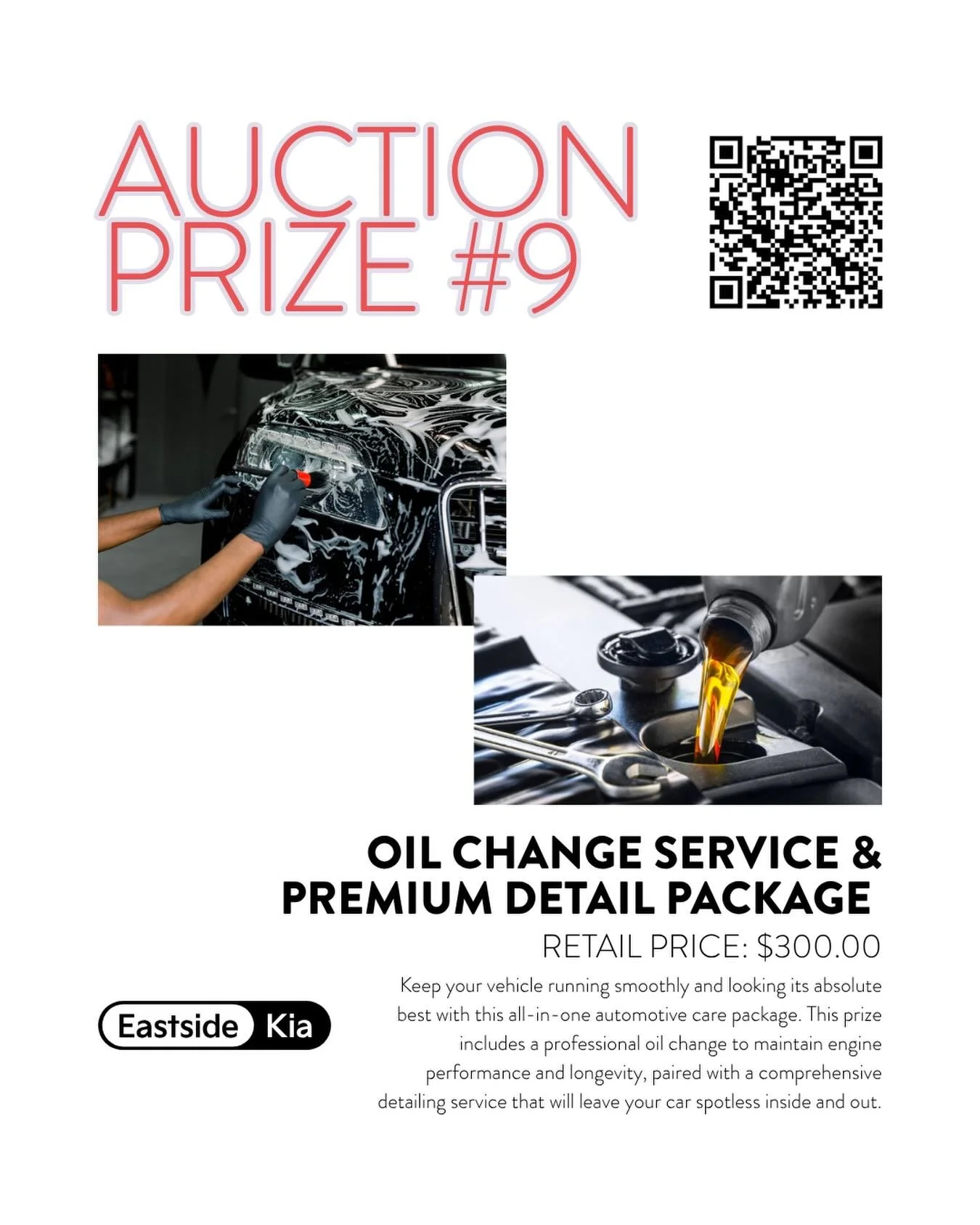 Donated by @eastsidekia - Oil Change &amp; Premium Detail Package

Keep your vehicle running smoothly and looking its absolute best with this all-in-one automotive care package. This prize includes a professional oil change to maintain engine perform