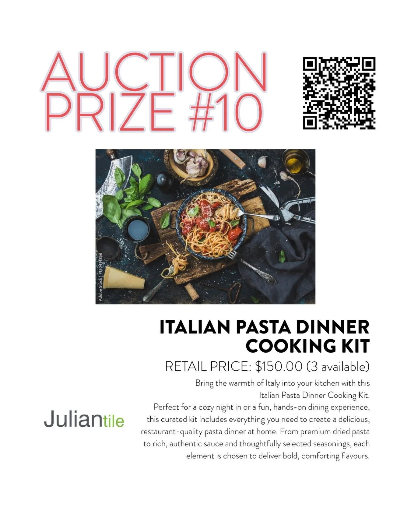 Donated by @julian_tile - Italian Pasta Dinner Cooking Kit (3 Available)

Bring the warmth of Italy into your kitchen with this
Italian Pasta Dinner Cooking Kit.
Perfect for a cozy night in or a fun, hands-on dining experience, this curated kit inclu