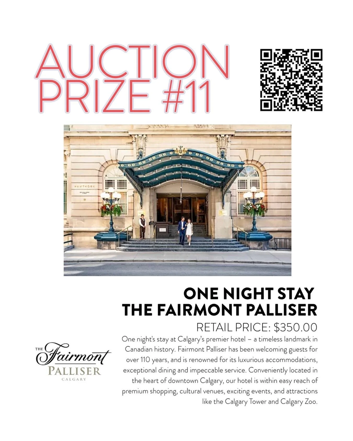 Donated by @fairmontpalliser - One Night Stay at the Fairmont Palliser

One night&rsquo;s stay at Calgary&rsquo;s premier hotel &ndash; a timeless landmark in Canadian history. Fairmont Palliser has been welcoming guests for over 110 years, and is re