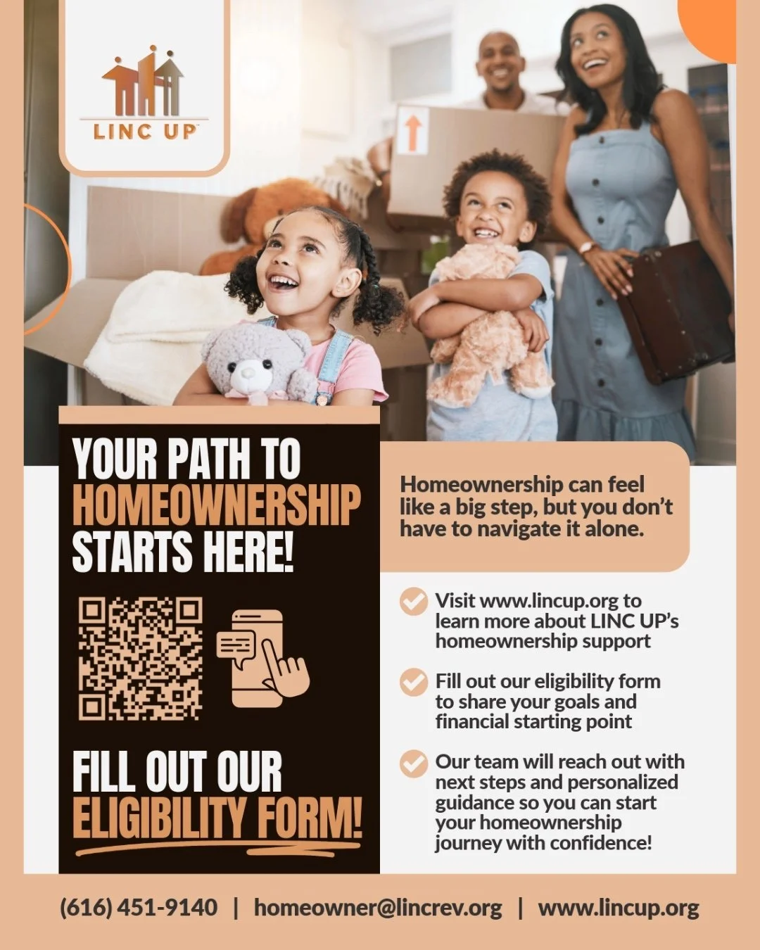 A family moving into a new home with two children smiling and holding teddy bears, and two adults, one holding a box and the other with a suitcase, standing in the background. The image promotes homeownership support from LINC UP.