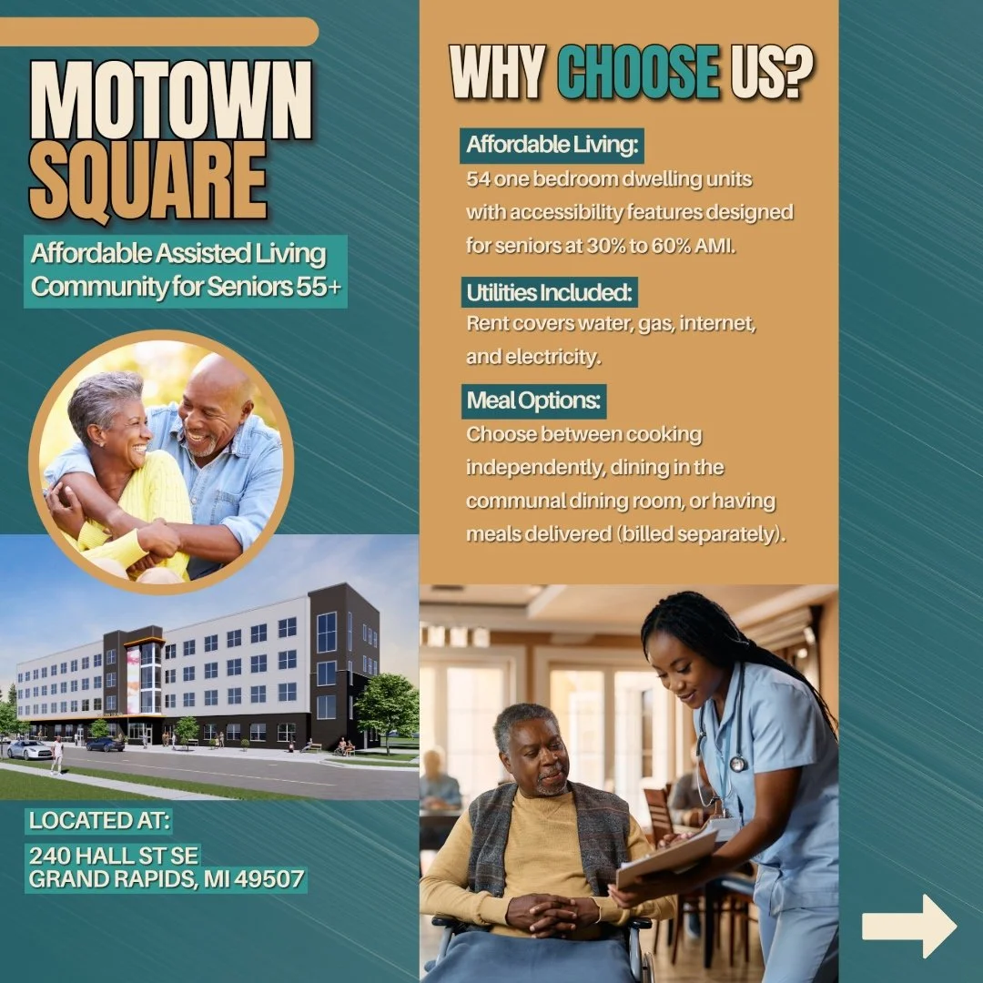 Brochure for Motown Square, an affordable assisted living community for seniors 55+, with images of smiling seniors, a building, and a nurse assisting an elderly man in a wheelchair. The brochure highlights features such as affordable living with 54 one-bedroom units, utilities included, meal options, and the location at 240 Hall St SE, Grand Rapids, MI 49507.