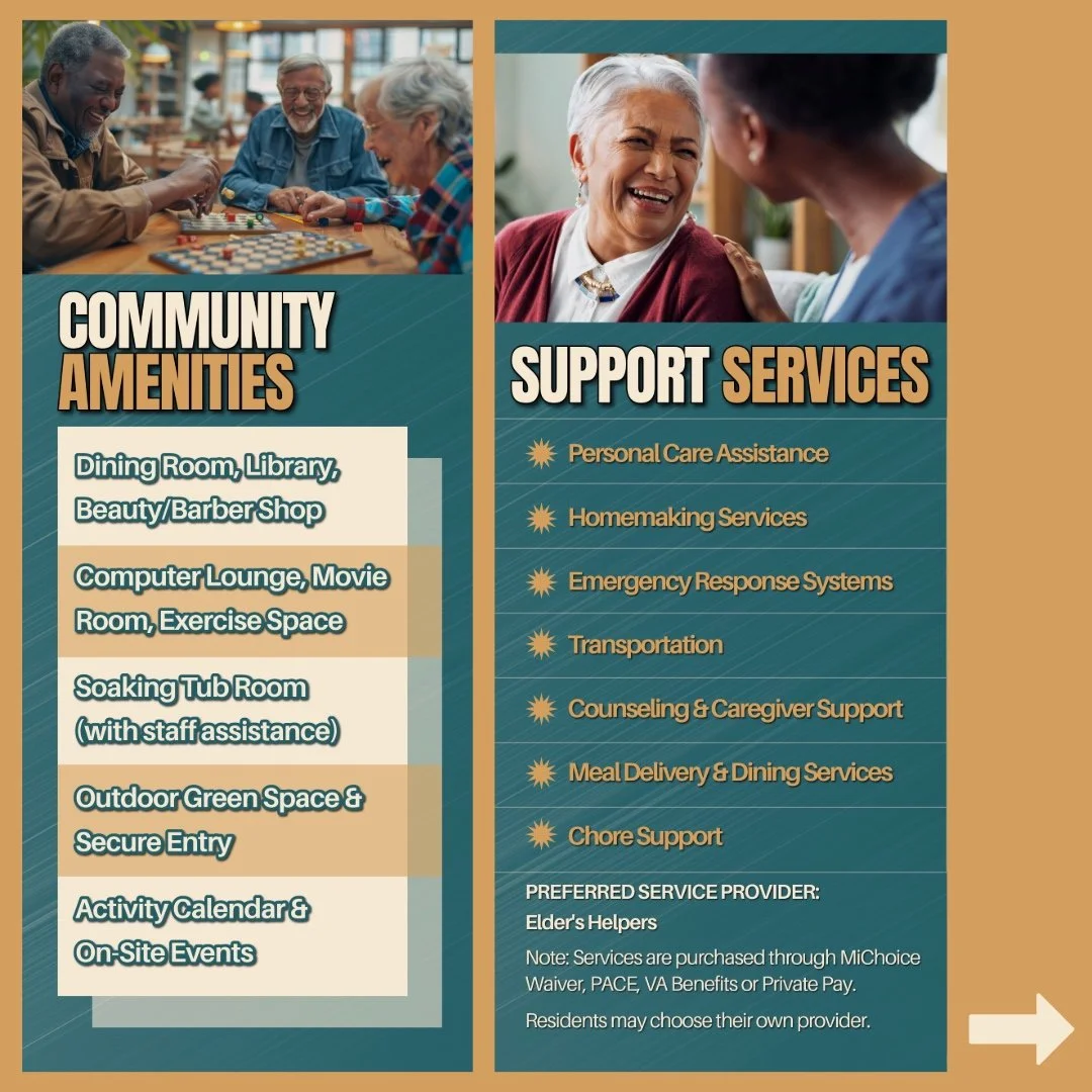 Community amenities include dining room, library, beauty/barber shop, computer lounge, movie room, exercise space, soaking tub room with staff assistance, outdoor green space with secure entry, activity calendar, and on-site events. Support services include personal care assistance, homemaking services, emergency response systems, transportation, counseling and caregiver support, meal delivery and dining services, and chore support. The preferred service provider is Elder's Helpers, with services purchased through various programs or private pay. Residents can choose their own provider.