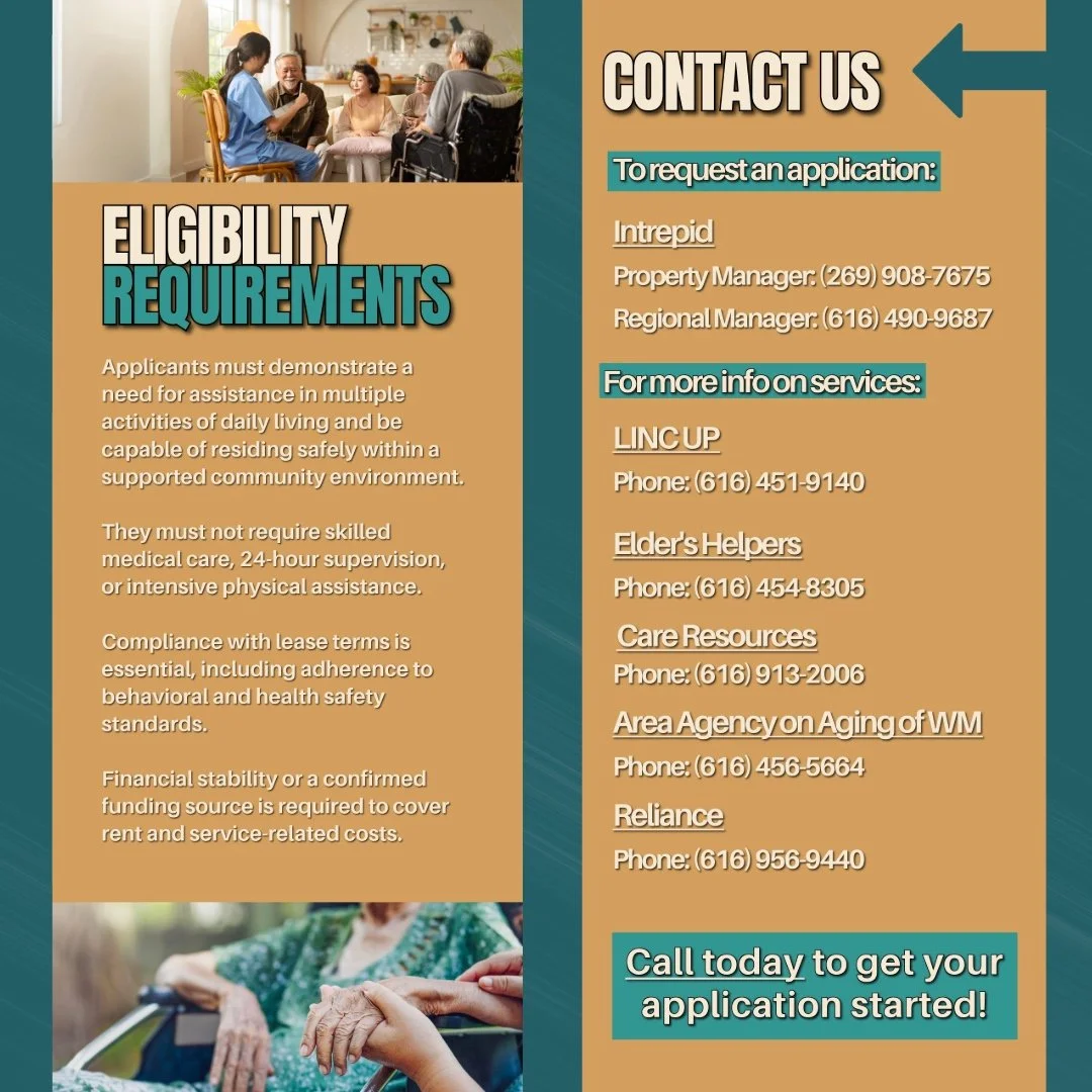 An informational flyer about eligibility requirements for assistance services with contact information on the right and images of elderly care on the left.