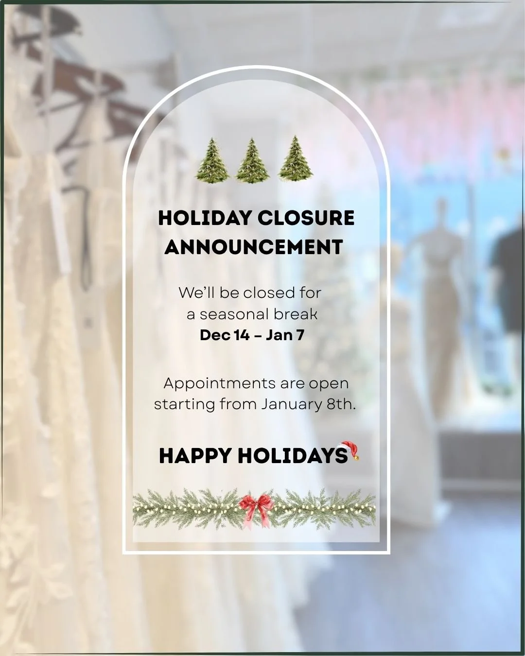 Our boutique will be closed for the holidays from Dec 14 to Jan 7.
Wishing you a cozy season filled with love, joy, and sparkle. ✨💖
Can&rsquo;t wait to help you say &ldquo;yes&rdquo; in the new year!