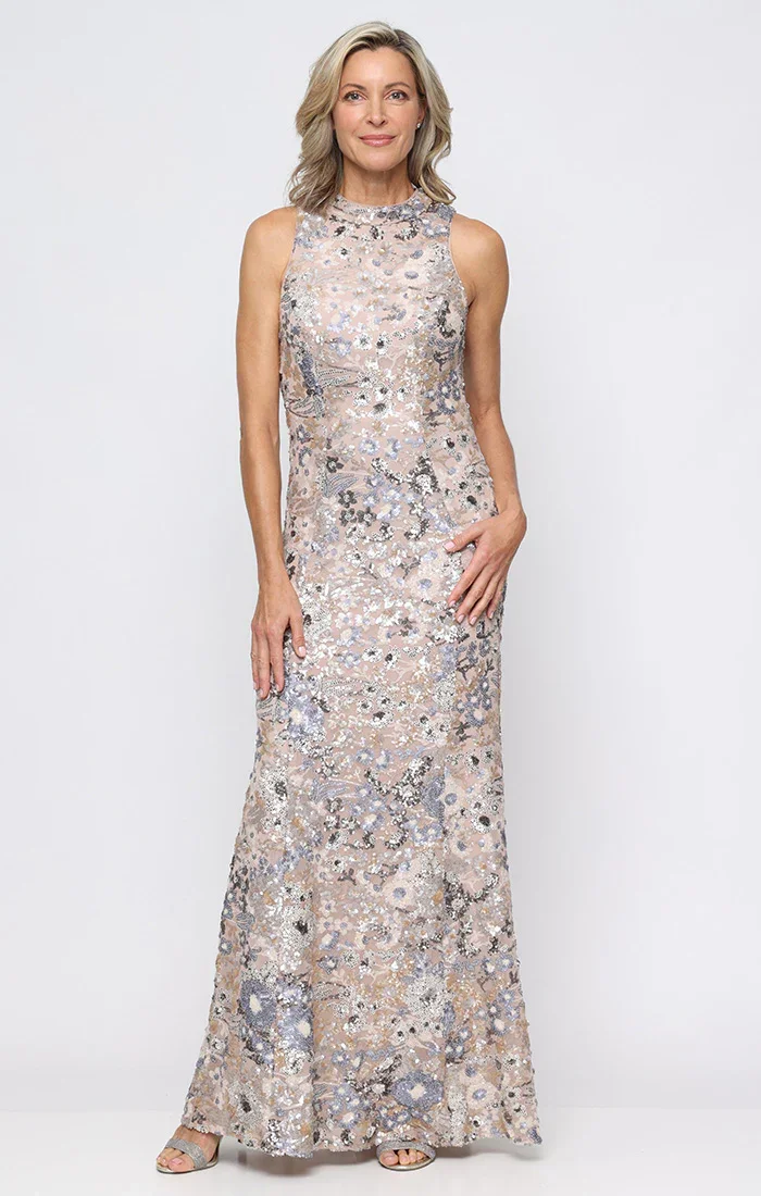 Sleeveless Floral Sequin Gown