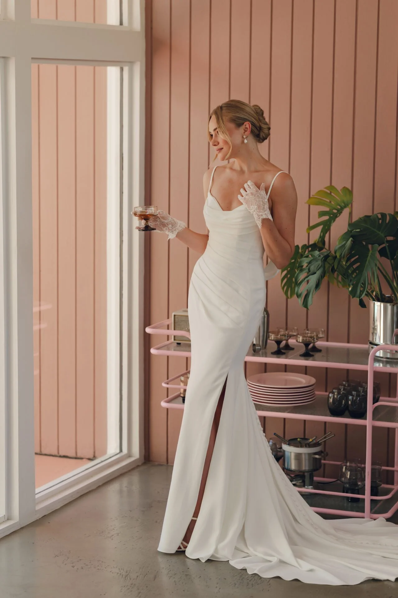 SHEATH WEDDING DRESS WITH COWL BACK