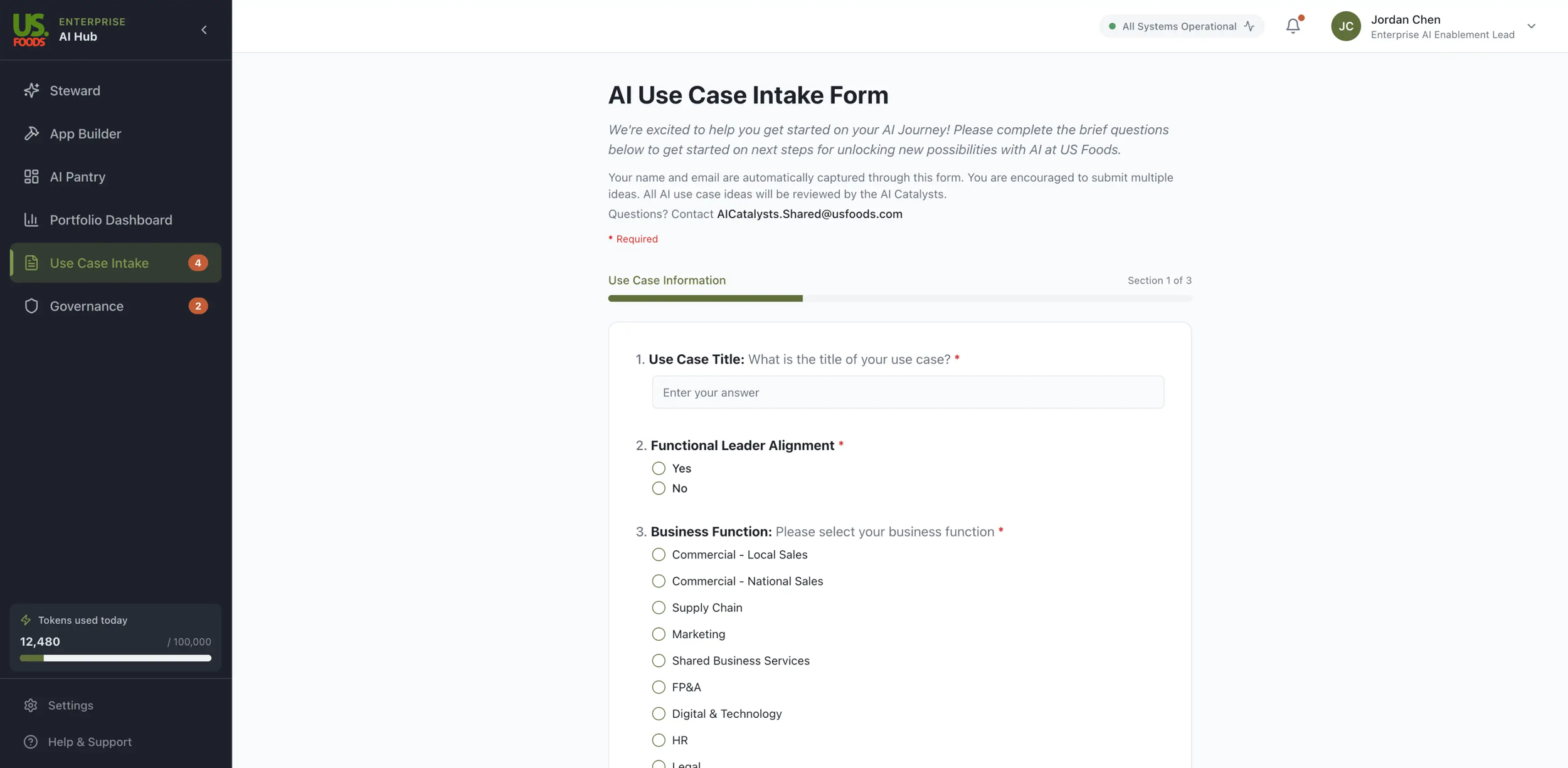 Use Case Intake: Standardized 32-question submission form capturing business goals, AI governance evaluation, and value metrics to route new AI proposals through risk-based review.
