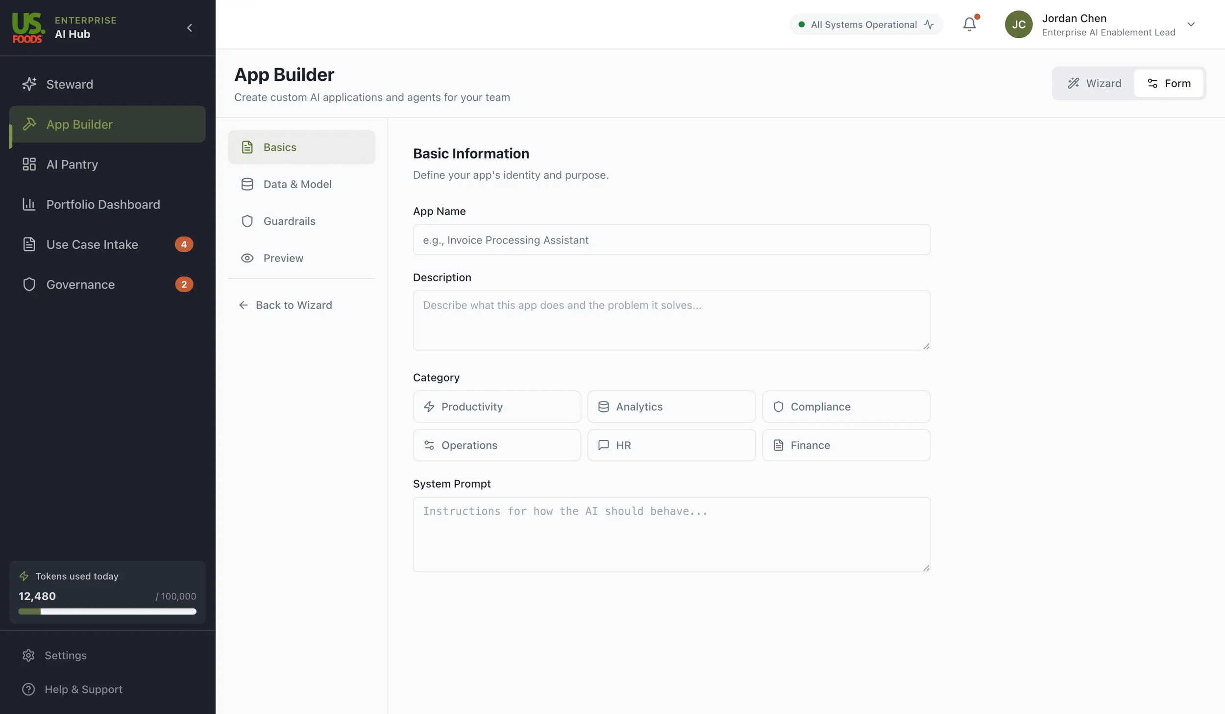 App Builder: Hybrid wizard that lets power users propose and configure new AI applications through guided conversation and visual form-based setup.