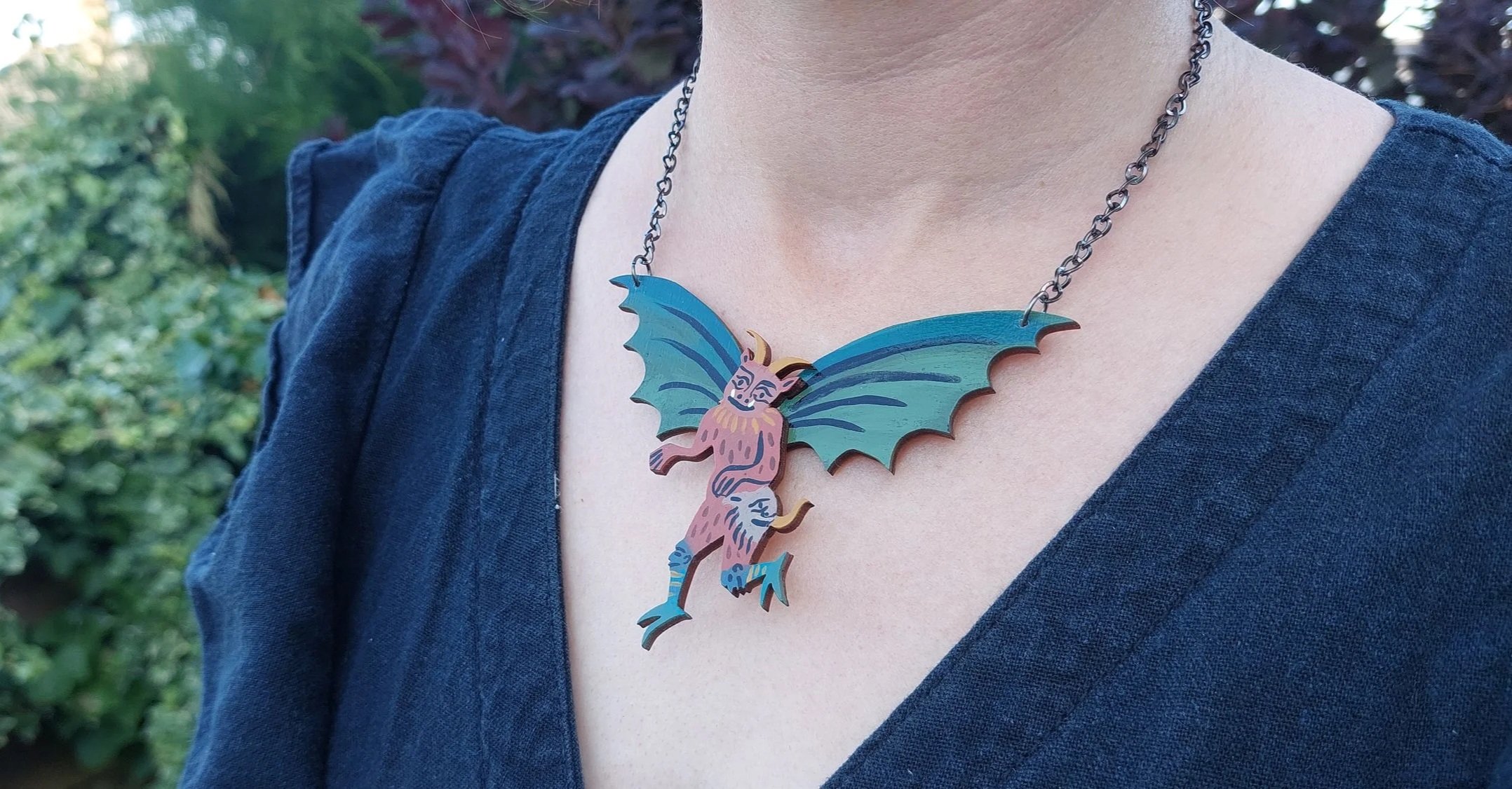 Medieval Devil Necklace - hand painted sustainable wood