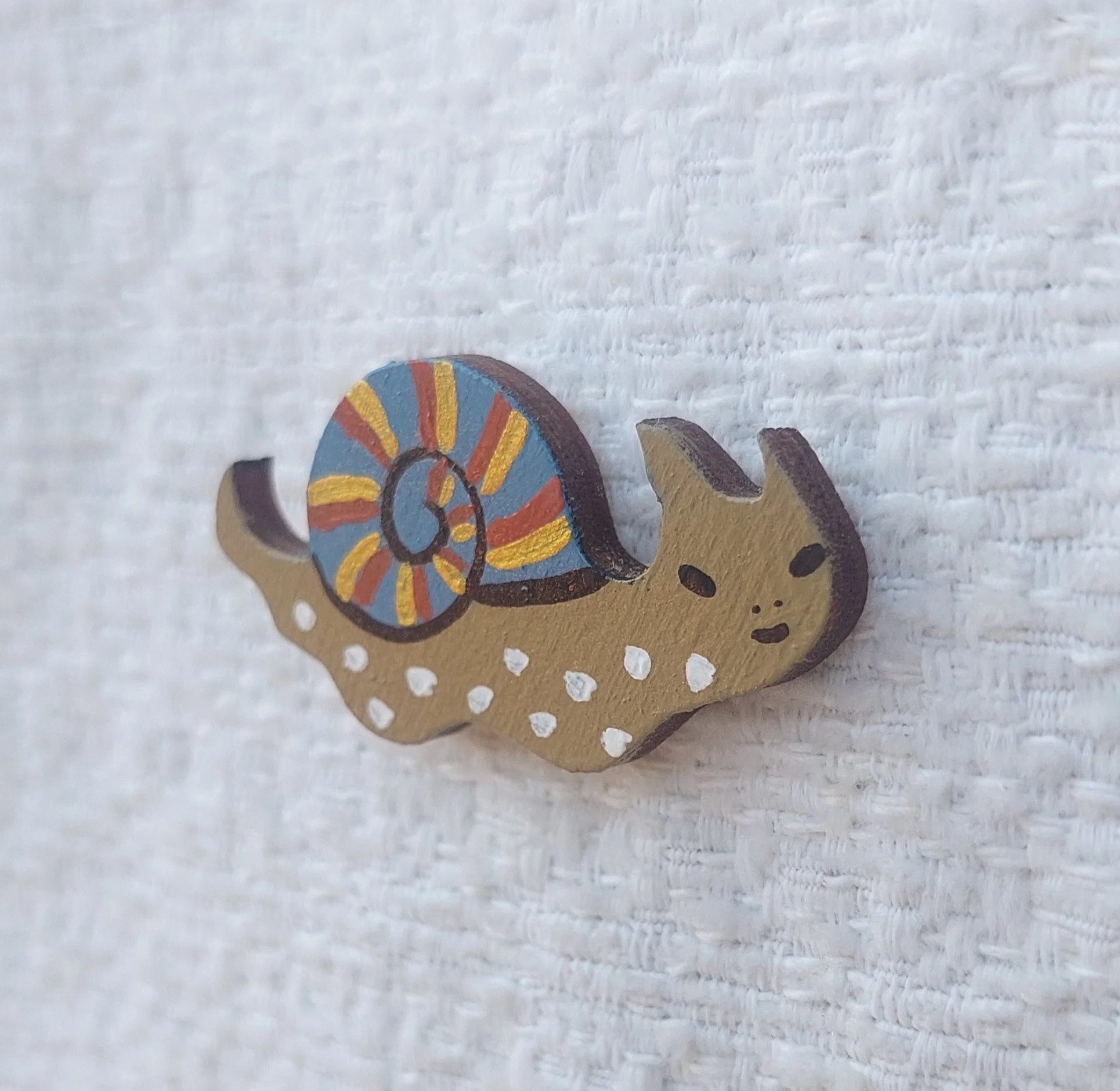 Medieval snail - hand painted wooden brooch pin badge