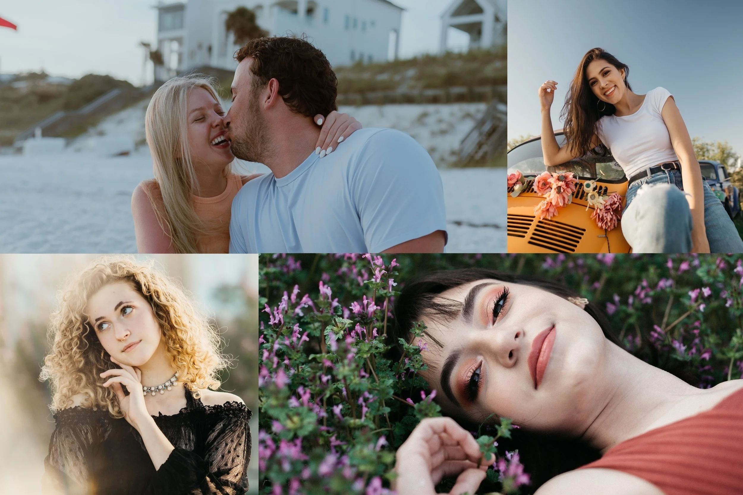 A collage of people in various settings: a couple embracing on a beach, a person sitting on a car decorated with flowers, a person with curly hair posing thoughtfully, and a person lying in a field of purple flowers.