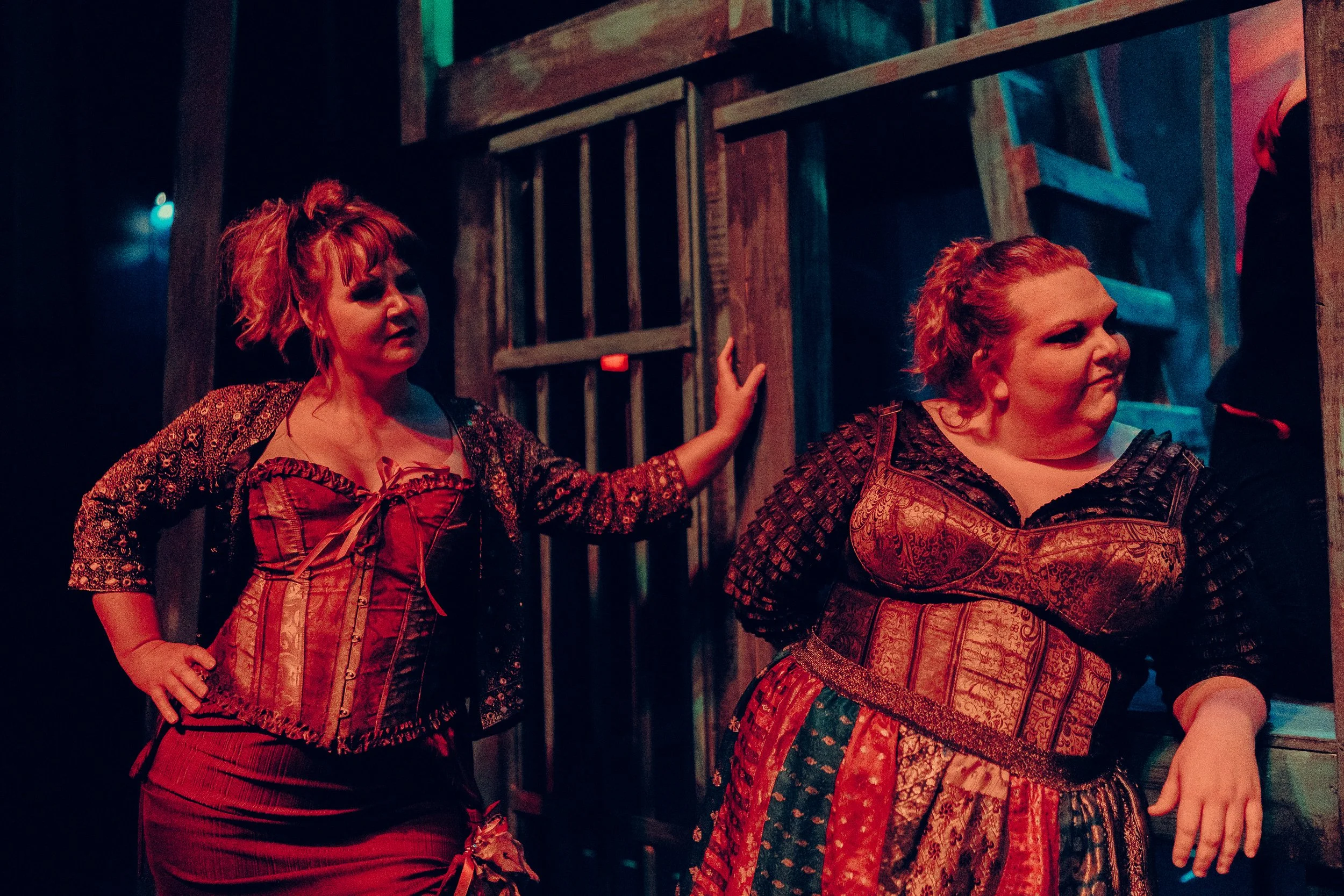 Two women in corset-style costumes, standing in a dimly lit setting with theatrical elements, possibly during a stage performance.