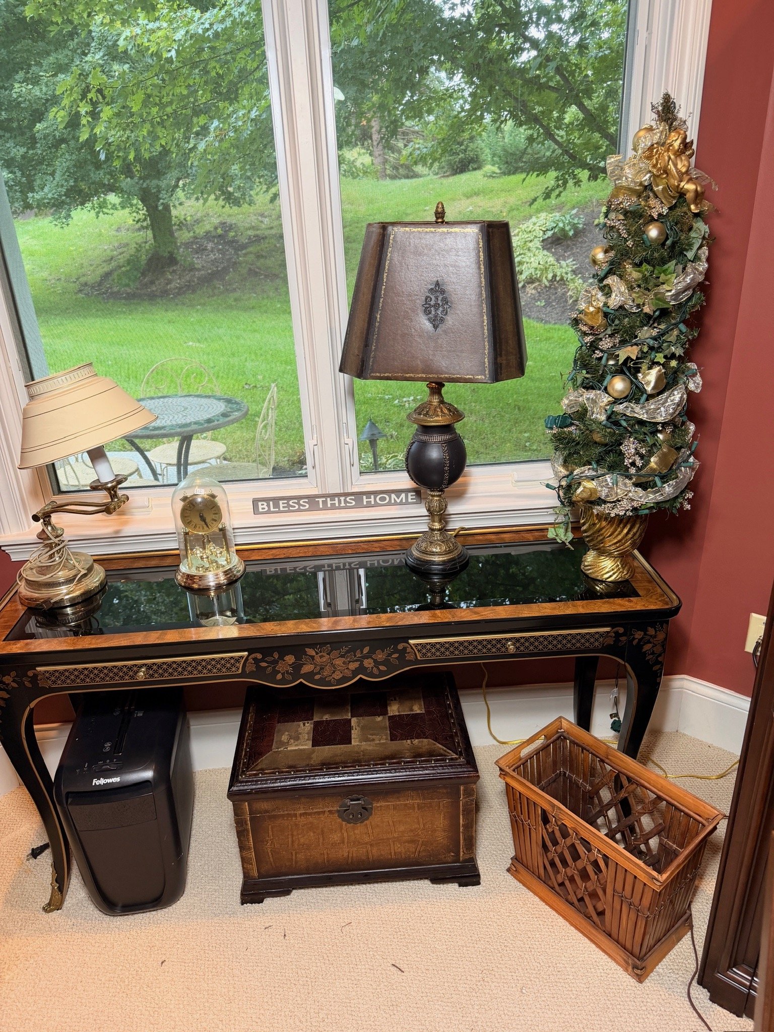 Drexel Heritage burl wood and glass-top sofa console table
