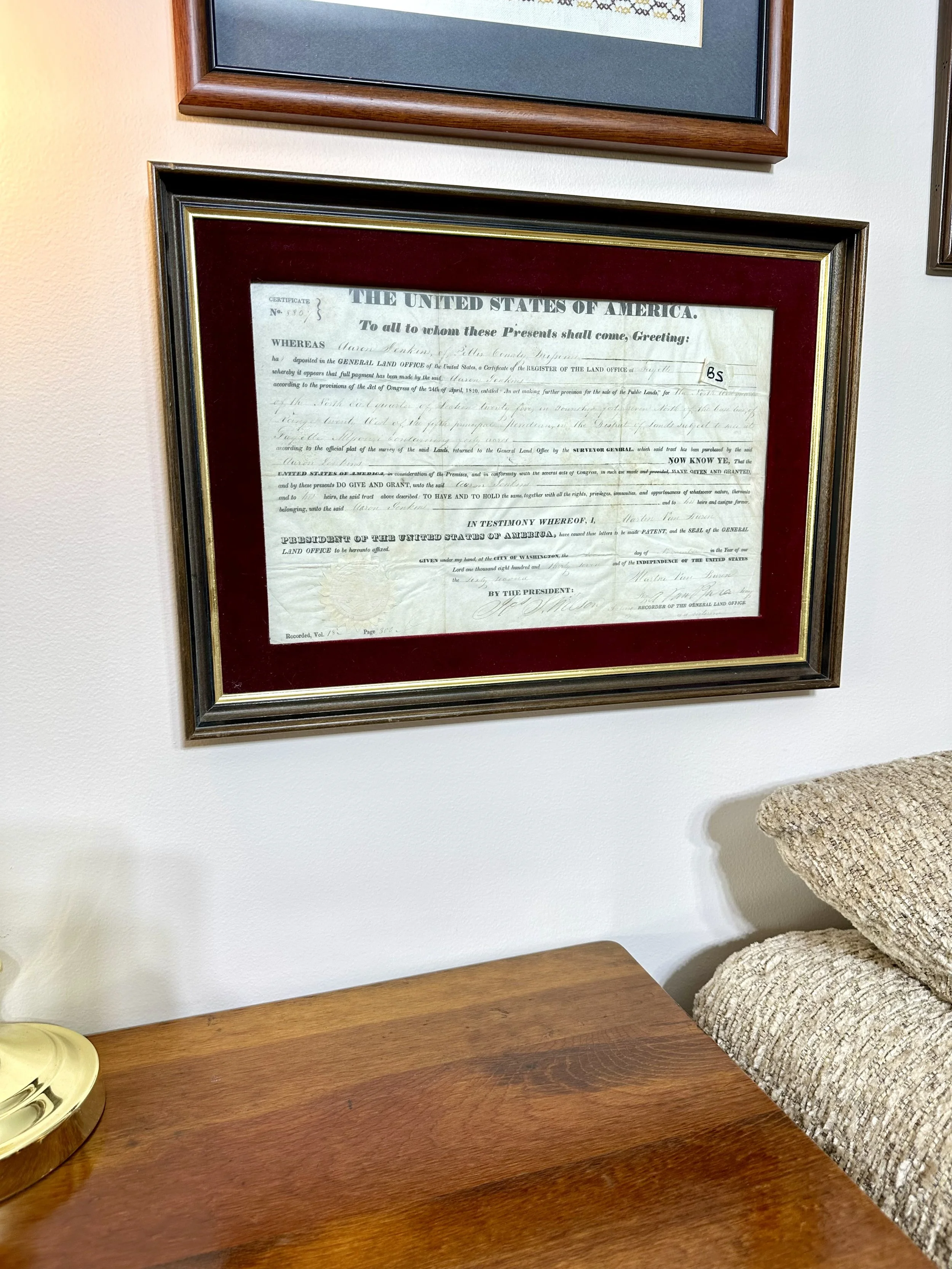 Framed antique land deed