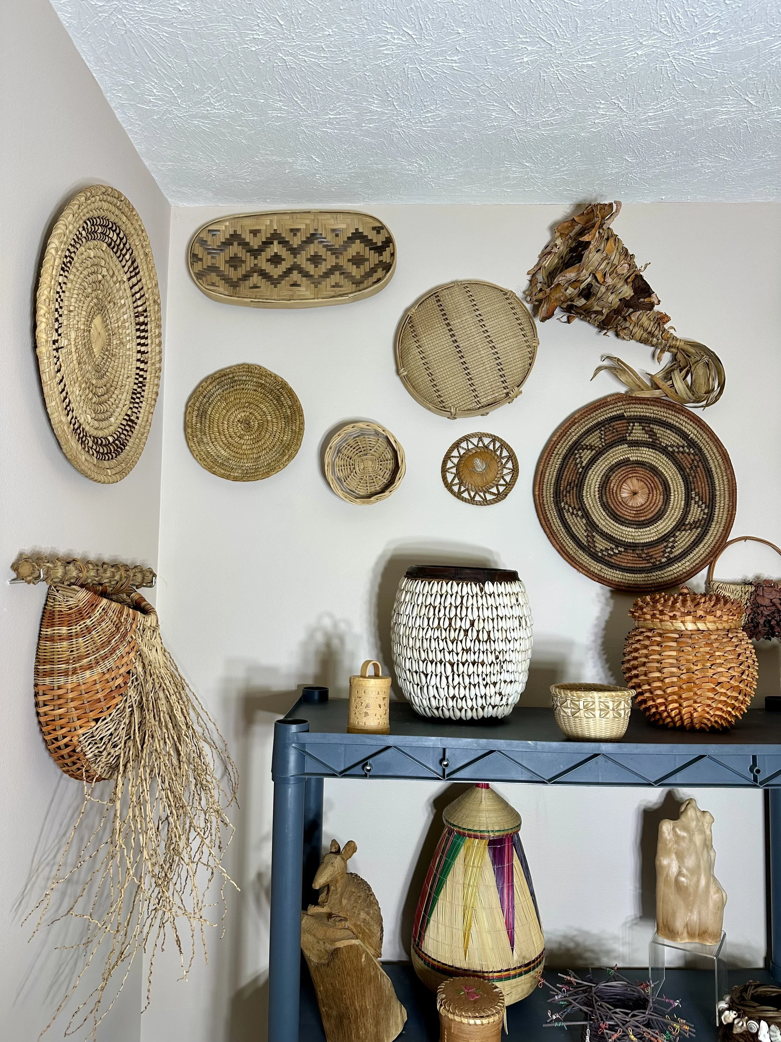 Various decorative baskets and art