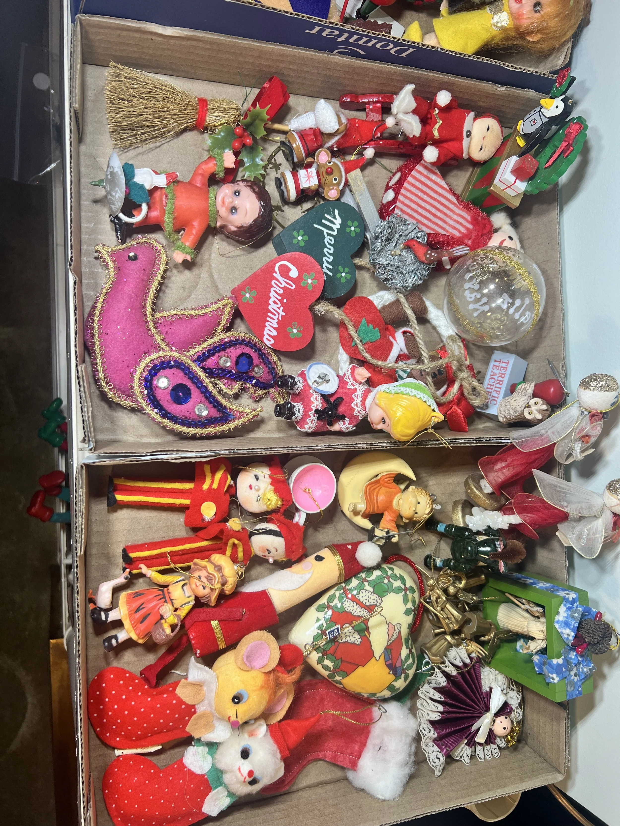 Vintage Christmas: Massive collection of 1950s/60s felt knee-hugger elves, angels, and ornaments