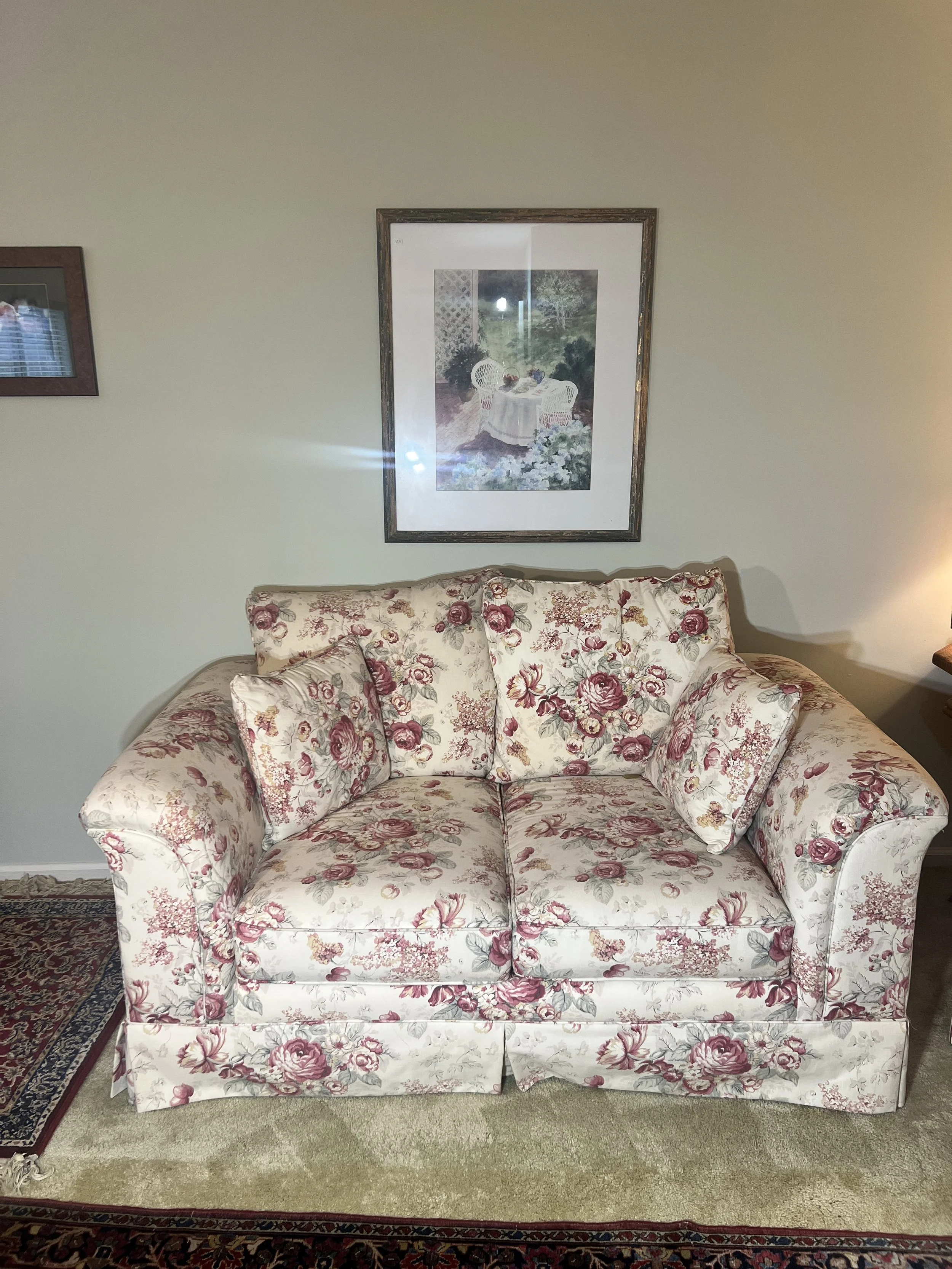 Upholstered Seating: Large floral rose pattern loveseat 