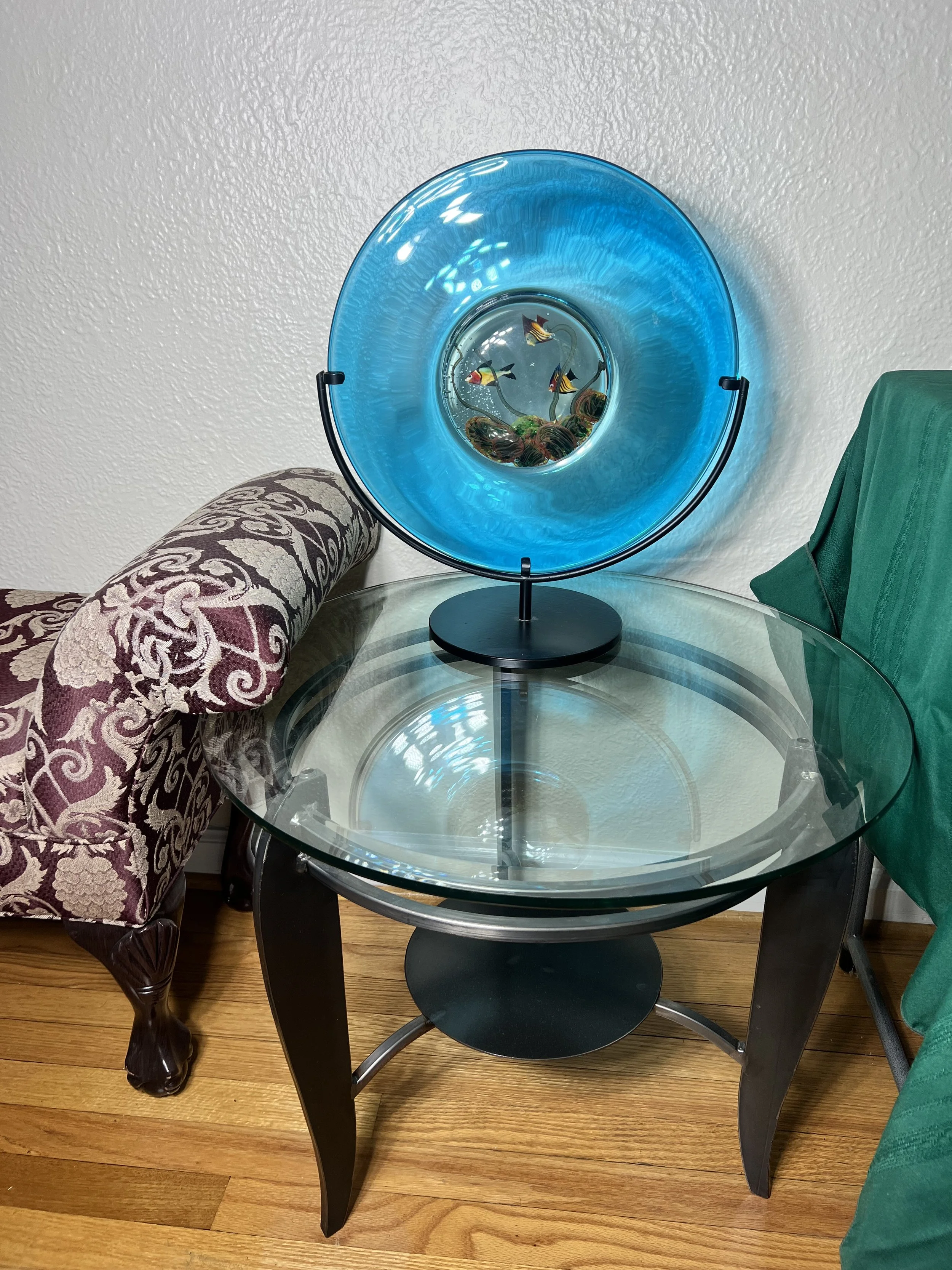 Murano Glass Aquarium Sculpture, beveled glass and metal table. 