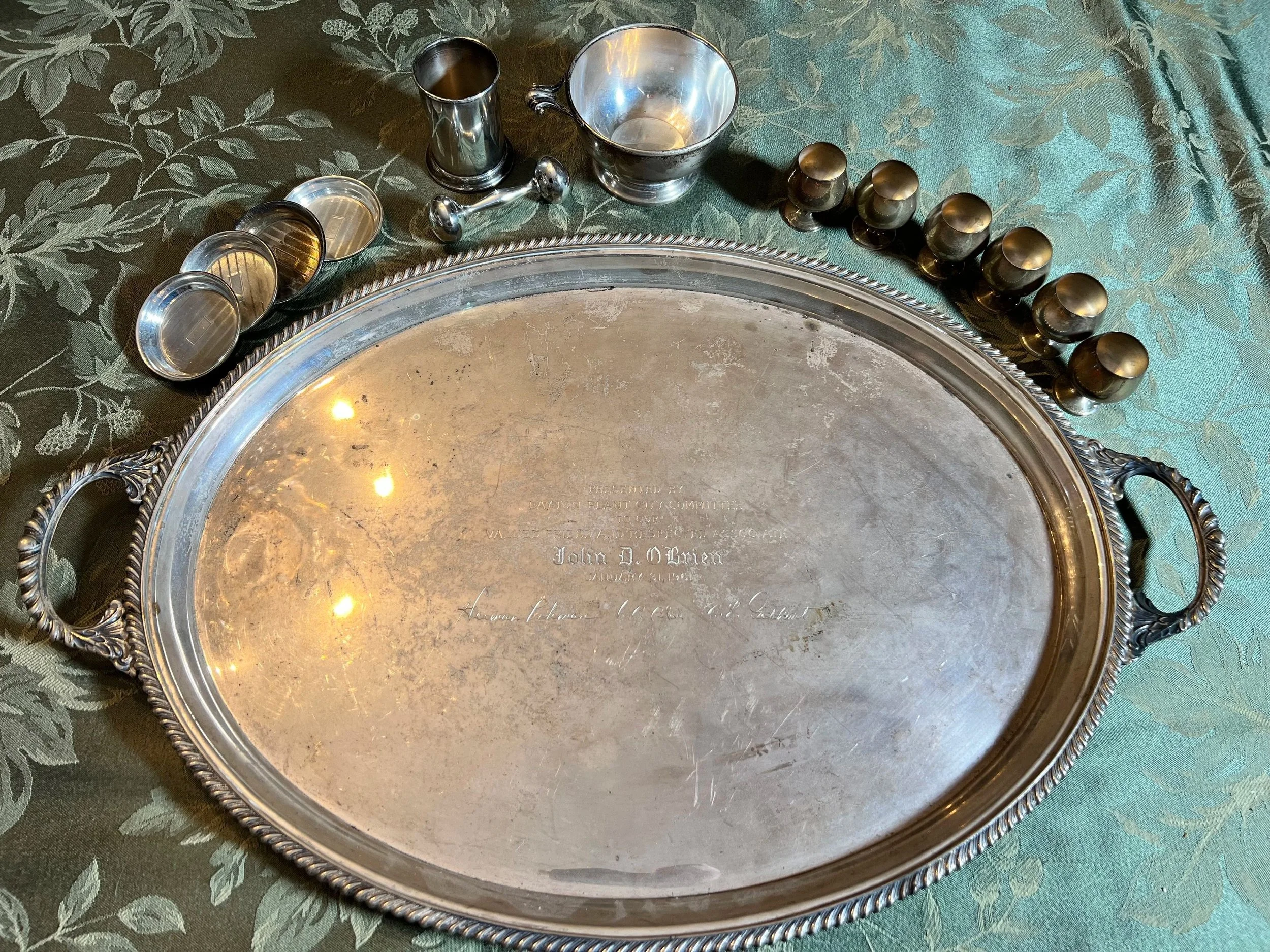 Sterling tray, cups, rattle, and more
