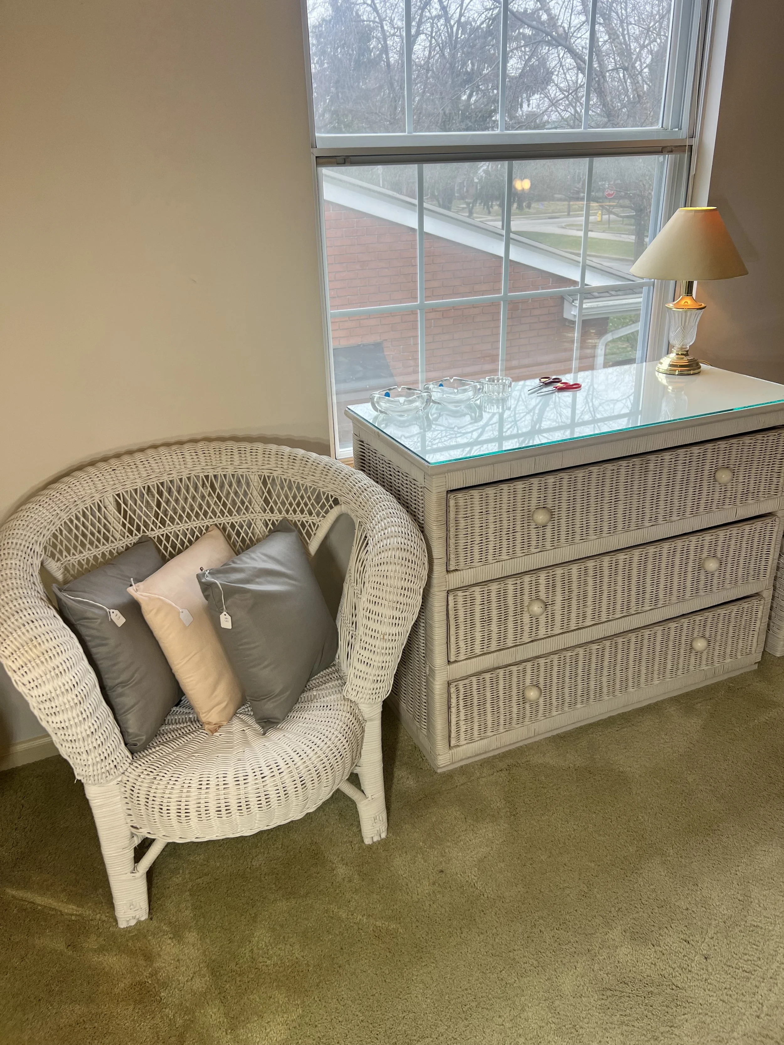 The Wicker Collection: 3-drawer dresser with glass top and barrel chair