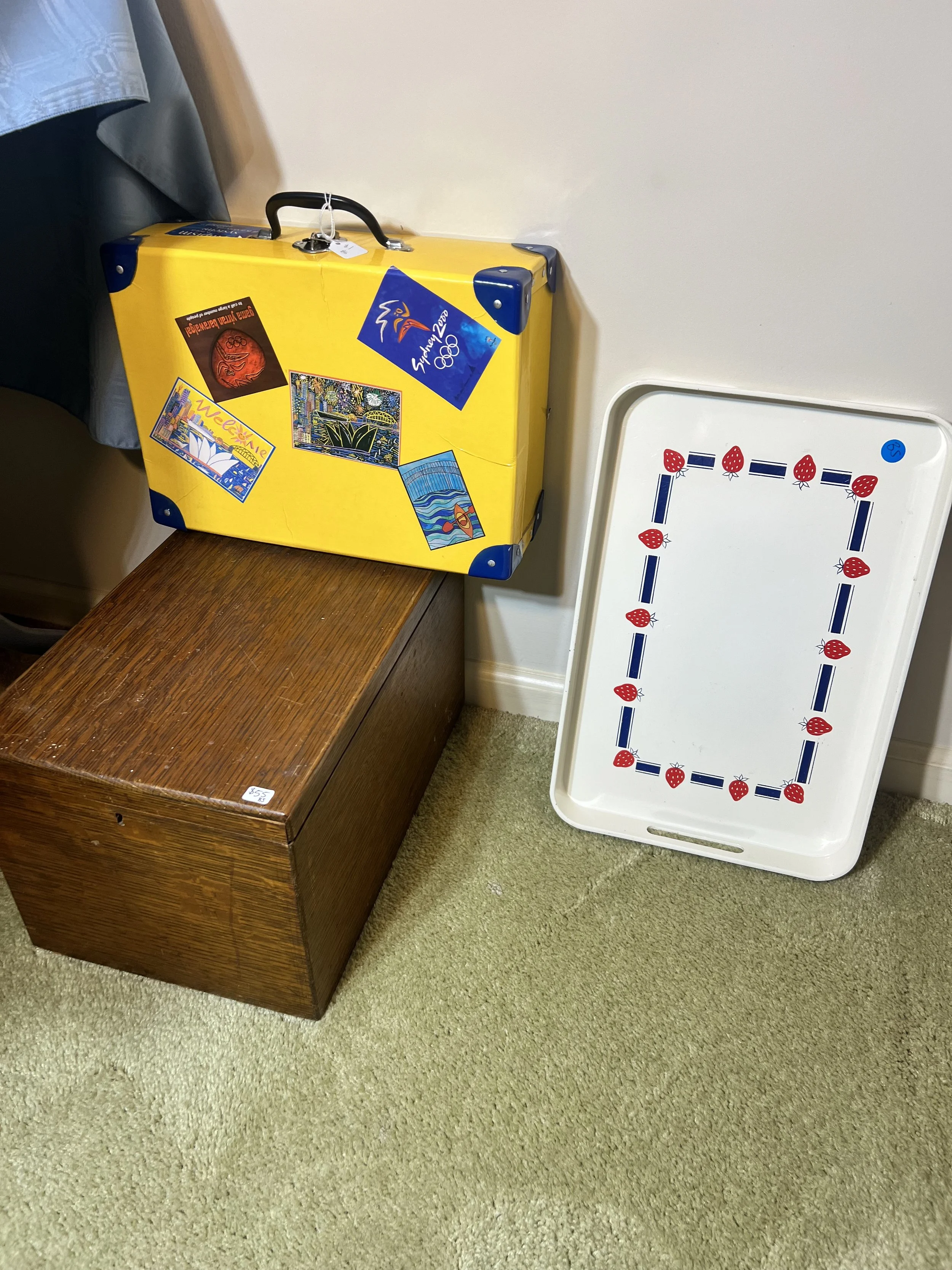 Small cardboard suitcase from Sydney Olympics, wooden chest, tray