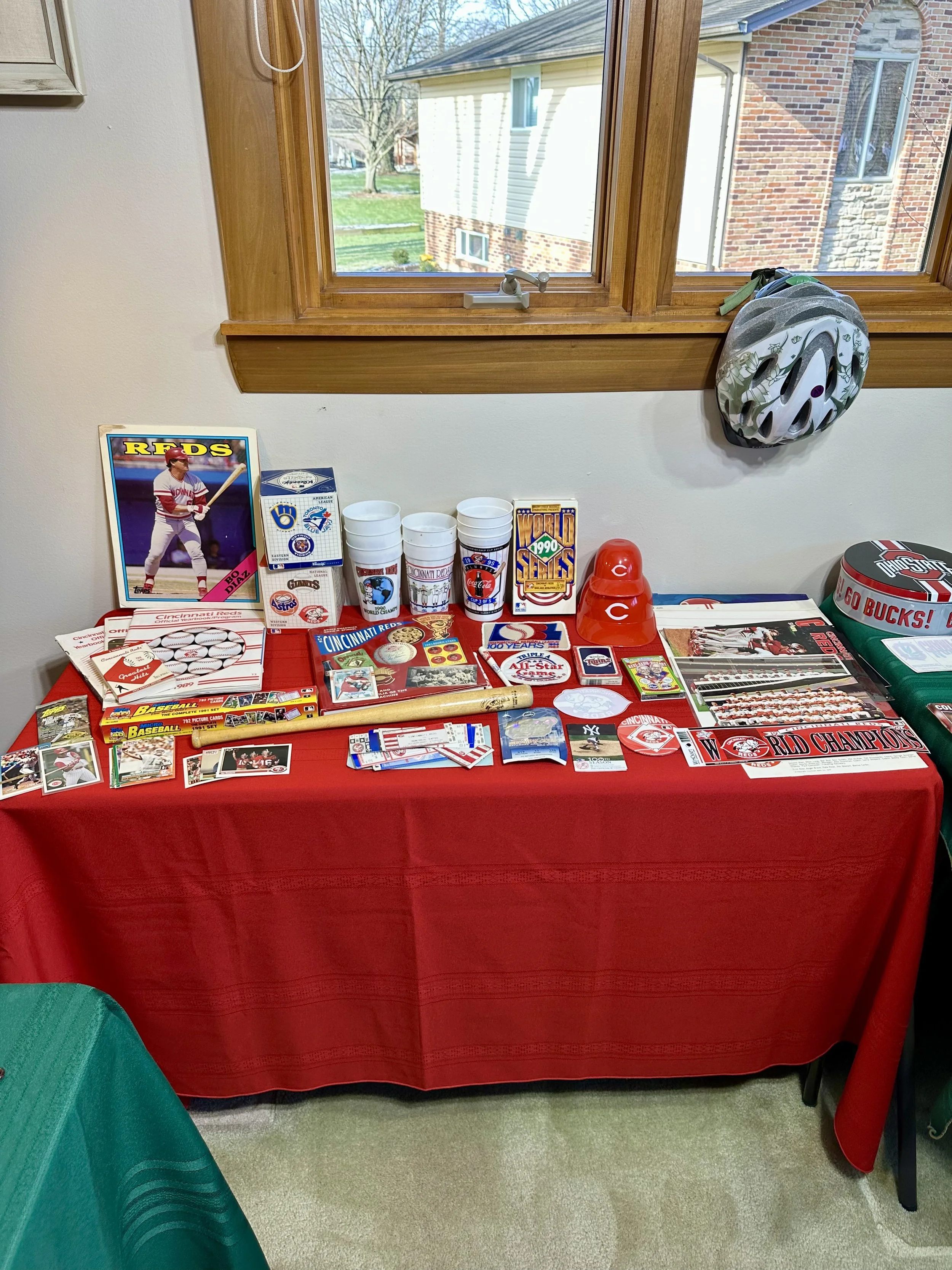 Reds memorabilia, cups, vintage ticket stubs, autographed photos, baseball cards, and more