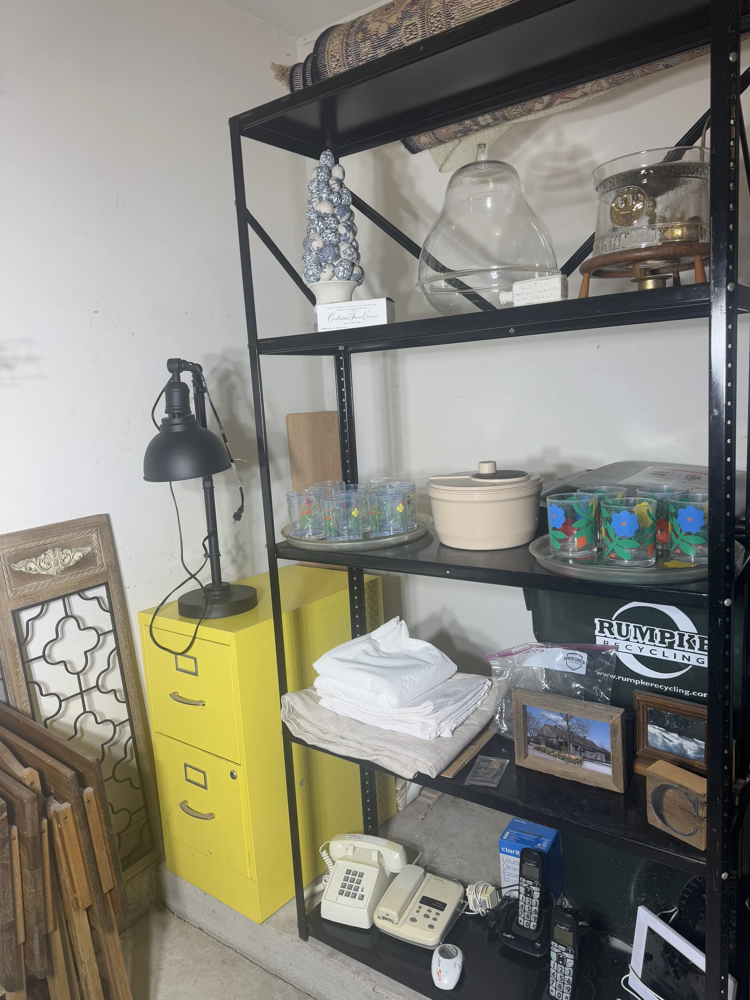 various decor, cups, file cabinet 