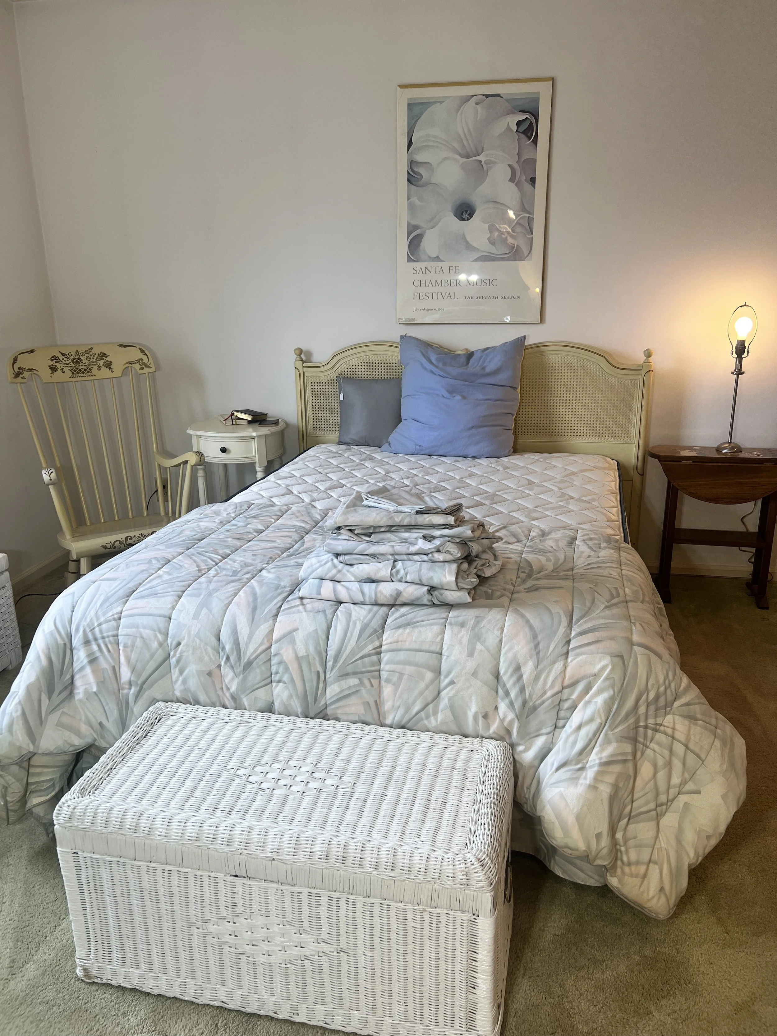 White & Gold Modern Bedroom Set: Tall dresser and full size bed (mattress and box spring)