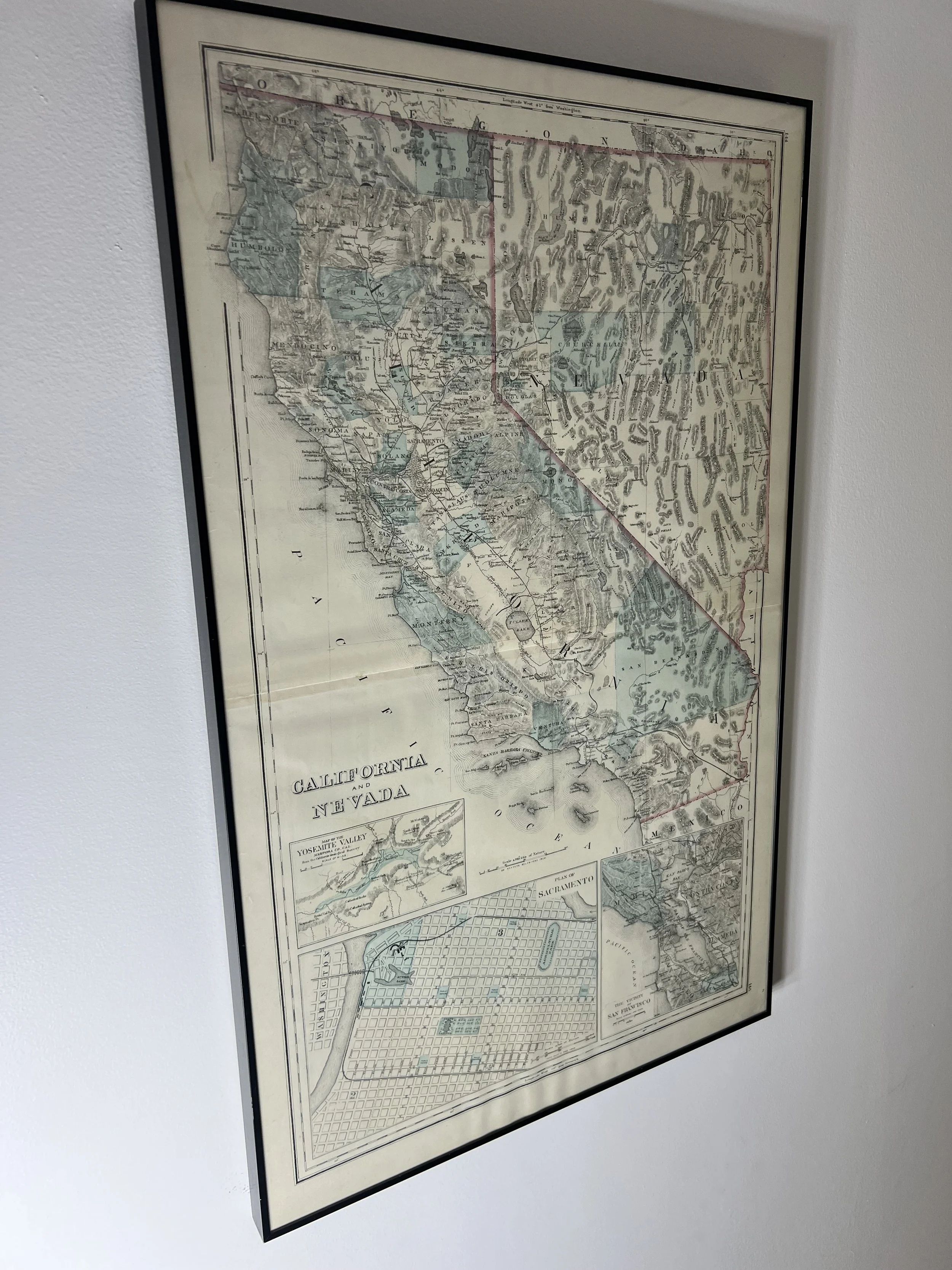 Antique map of California and Nevada featuring detailed insets of Yosemite Valley, Sacramento, and San Francisco