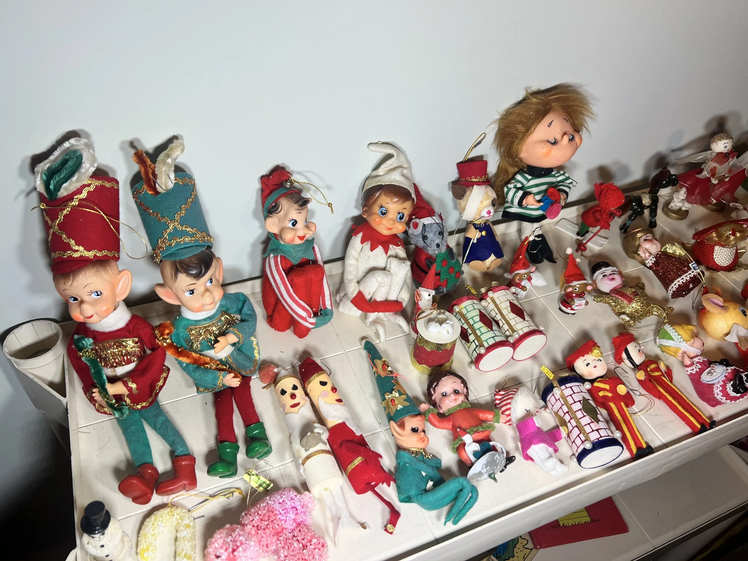Vintage Christmas: Massive collection of 1950s/60s felt knee-hugger elves, angels, and ornaments