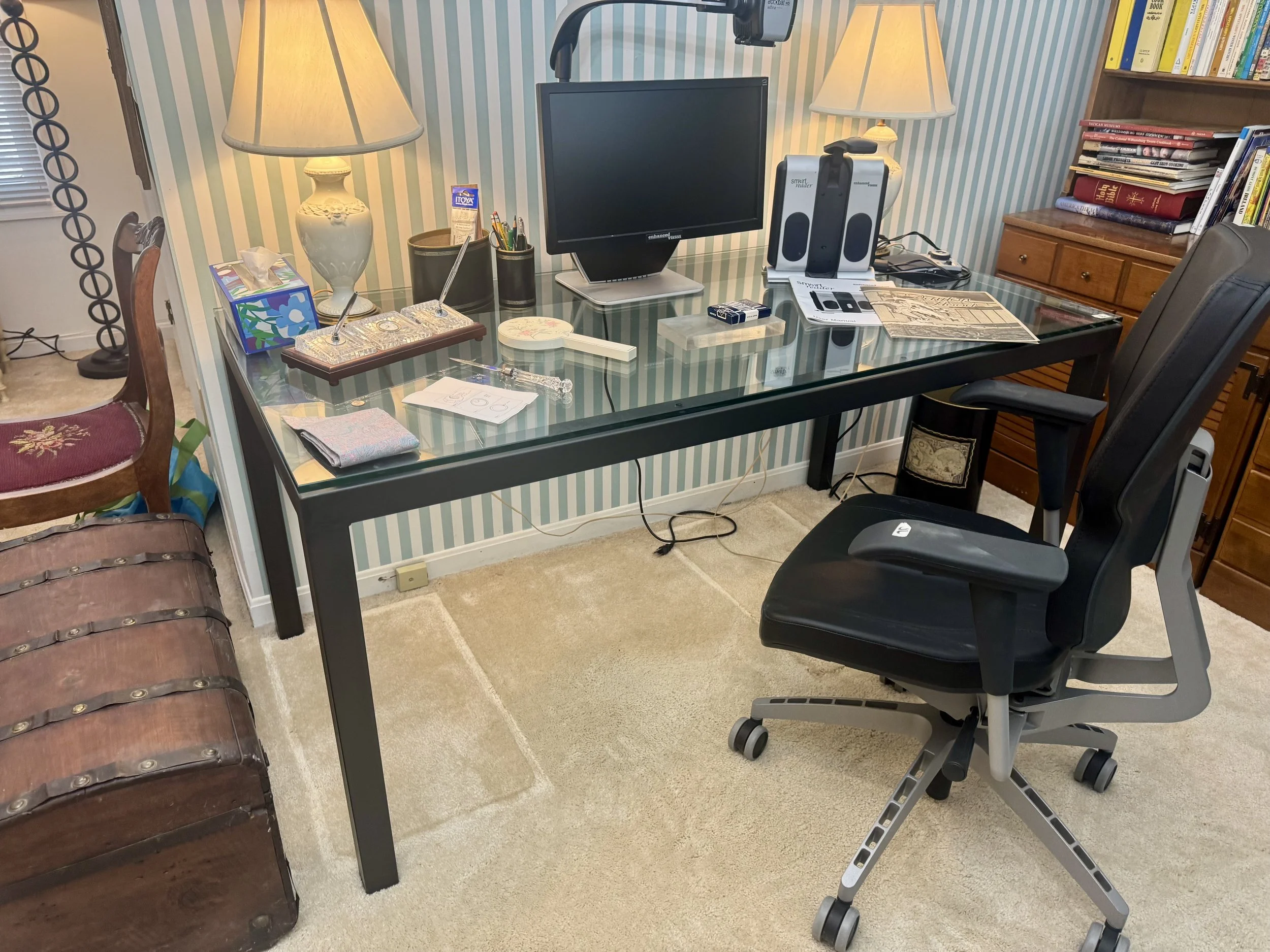 Room & Board “Parsons” steel and glass desk, chair and lamps