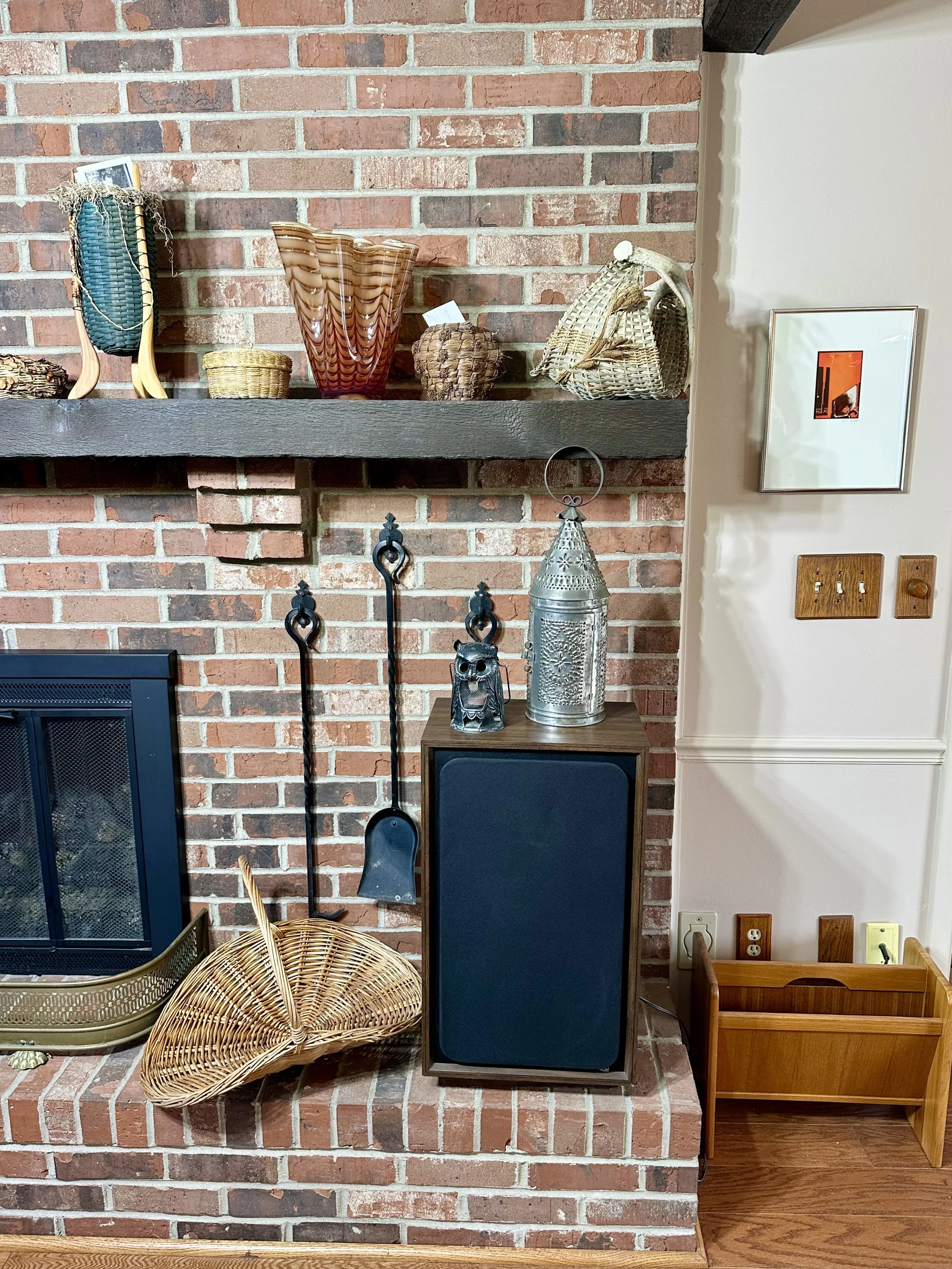 speakers, fireplace equipment, woven baskets