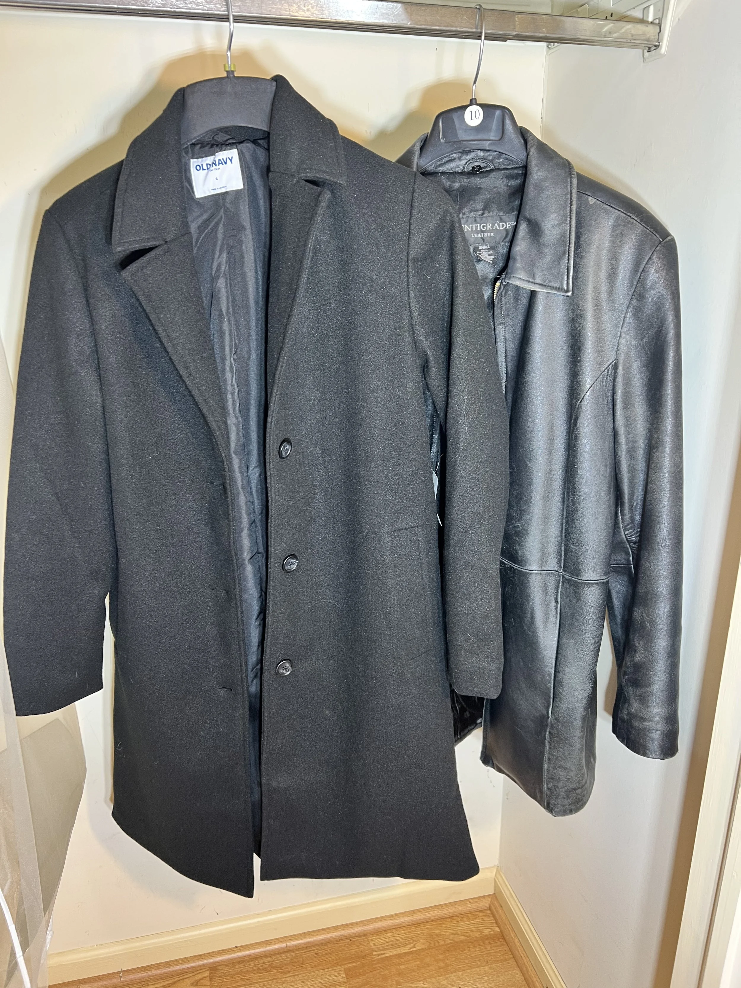 Old Navy overcoat new with tages and a "Centigrade" black leather zip-up jacket